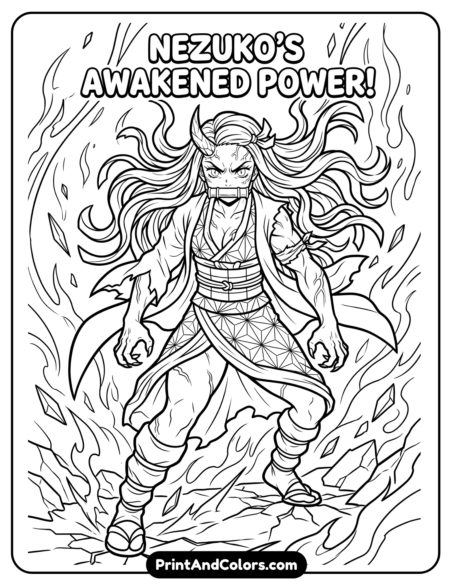 Nezuko in demon form with visible horn, intense eyes, flowing hair, strong pose, bold anime-style line art