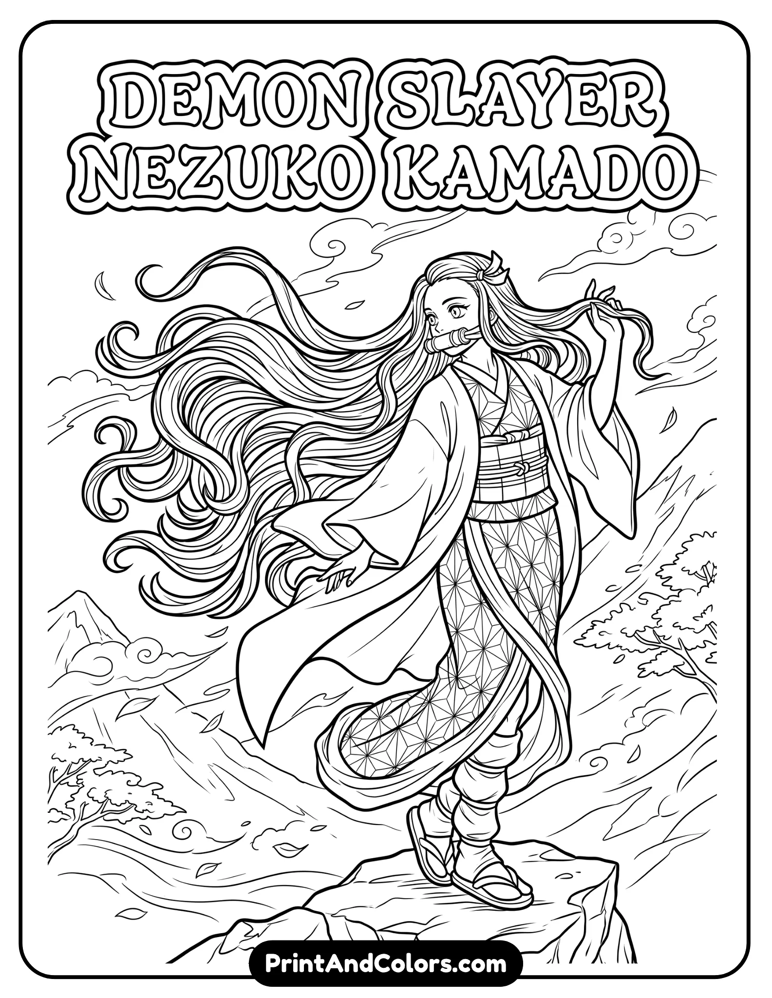 Nezuko with long hair flowing dramatically in wind, elegant pose, detailed strands, minimal background, high contrast outlines