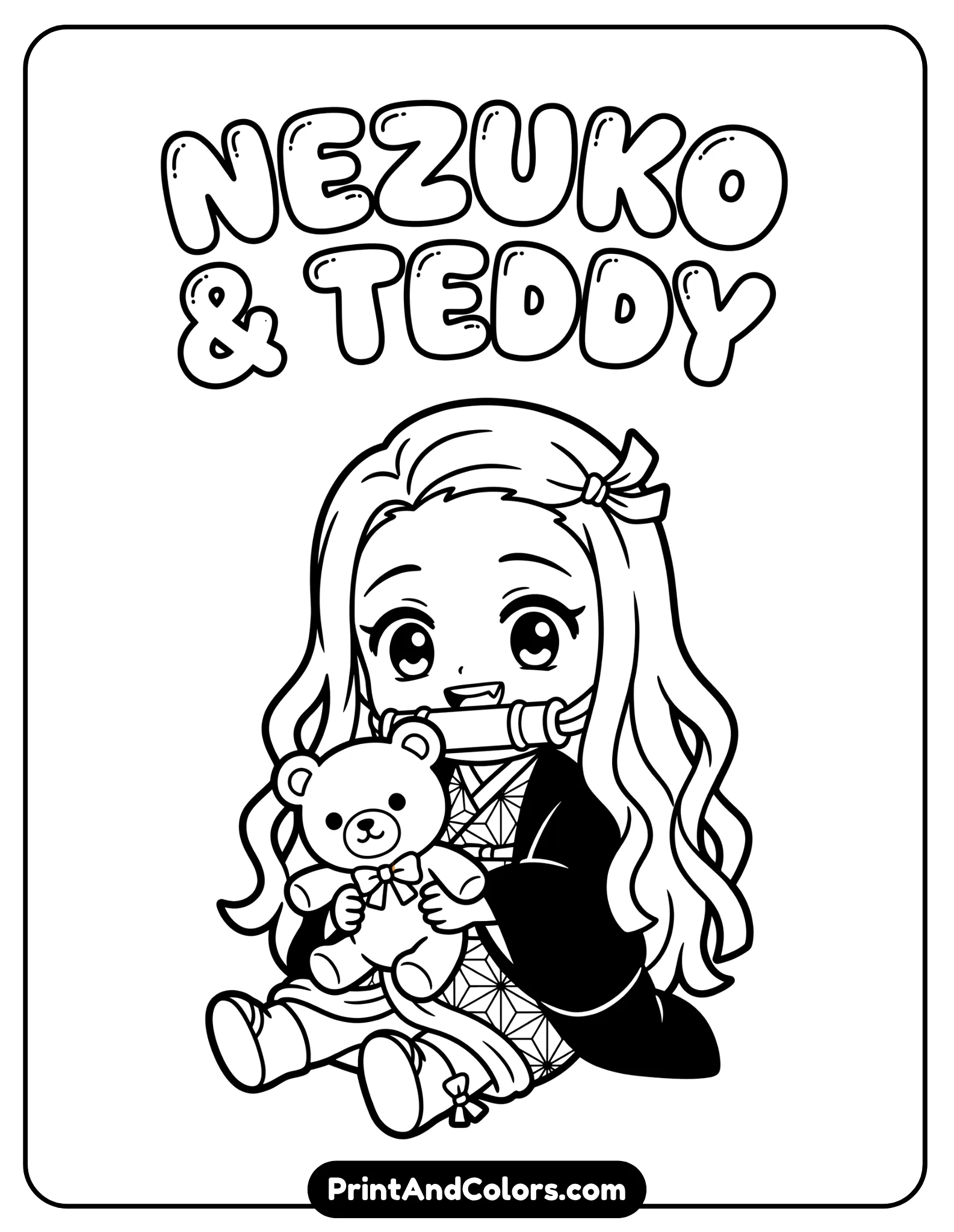 Nezuko sitting and holding a teddy bear, cute expression, simplified shapes, minimal background, child-friendly design