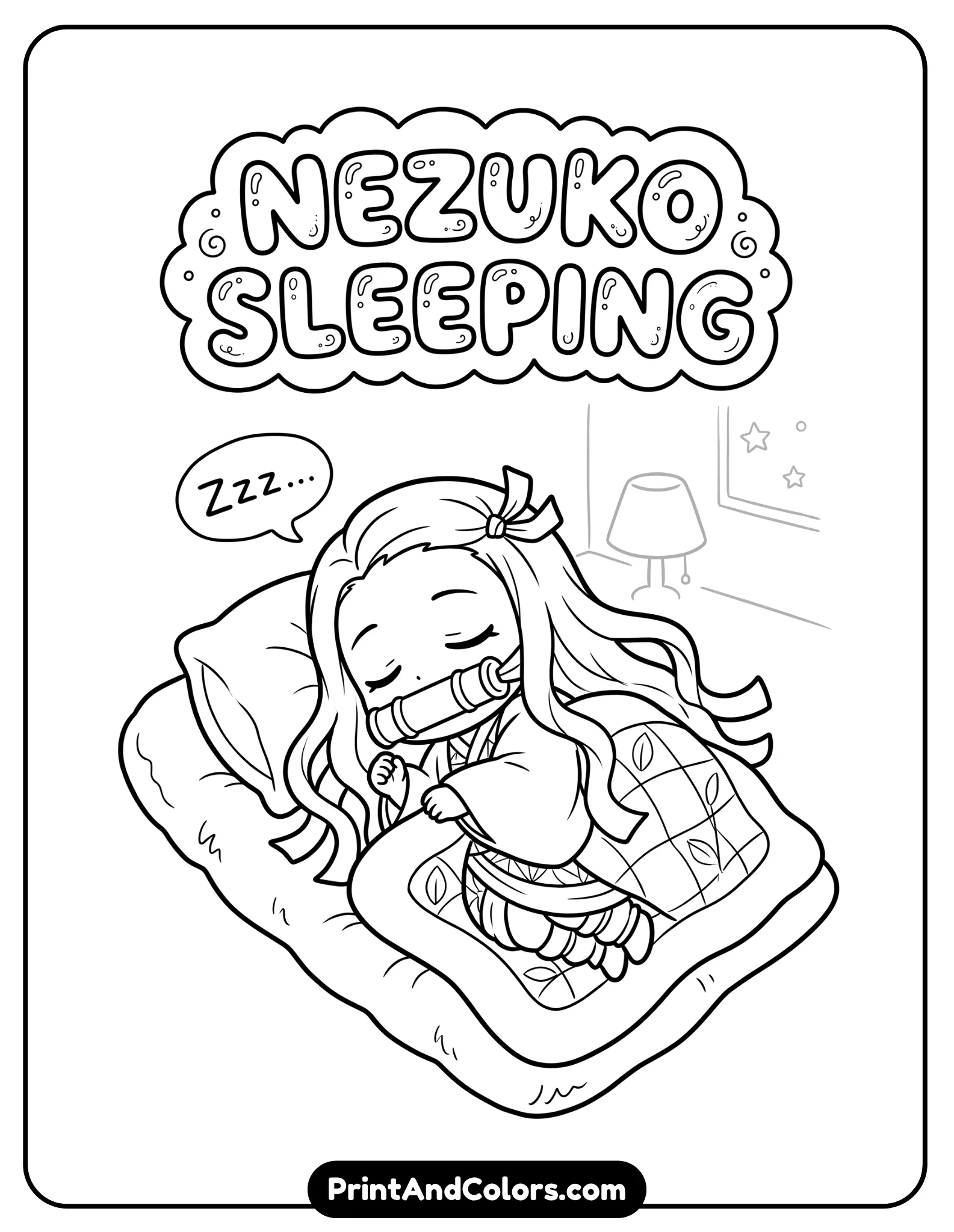 Nezuko sleeping peacefully in chibi or simplified form, cozy curled-up pose, minimal detail, soft lines, kid-friendly design