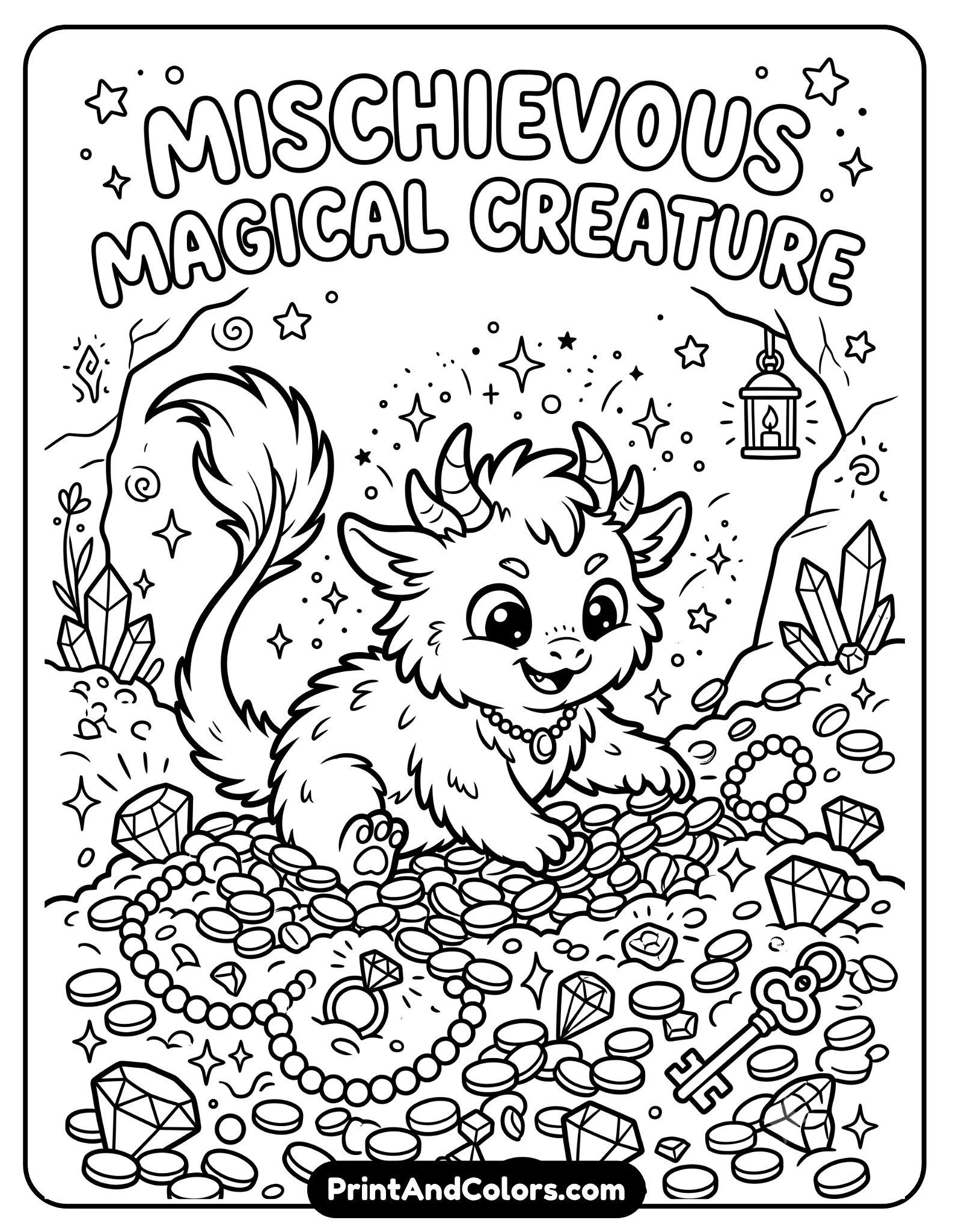 Cute black and white coloring page of a mischievous magical creature with fluffy fur digging through shiny treasure and coins. Include jewelry, magical sparkles, tiny paws, and playful fantasy details. Bold clean outlines suitable for children, printable coloring sheet style