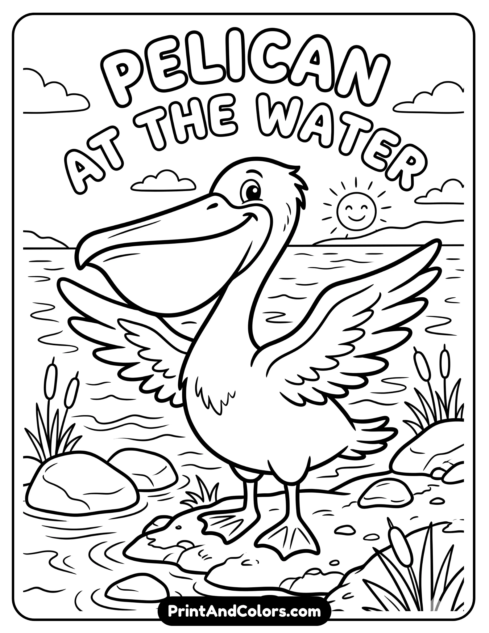 Line drawing of a pelican standing near water with a large beak and wings slightly open, cartoon style with simple background elements like rocks and water ripples. Bold outlines, minimal detail for easy coloring