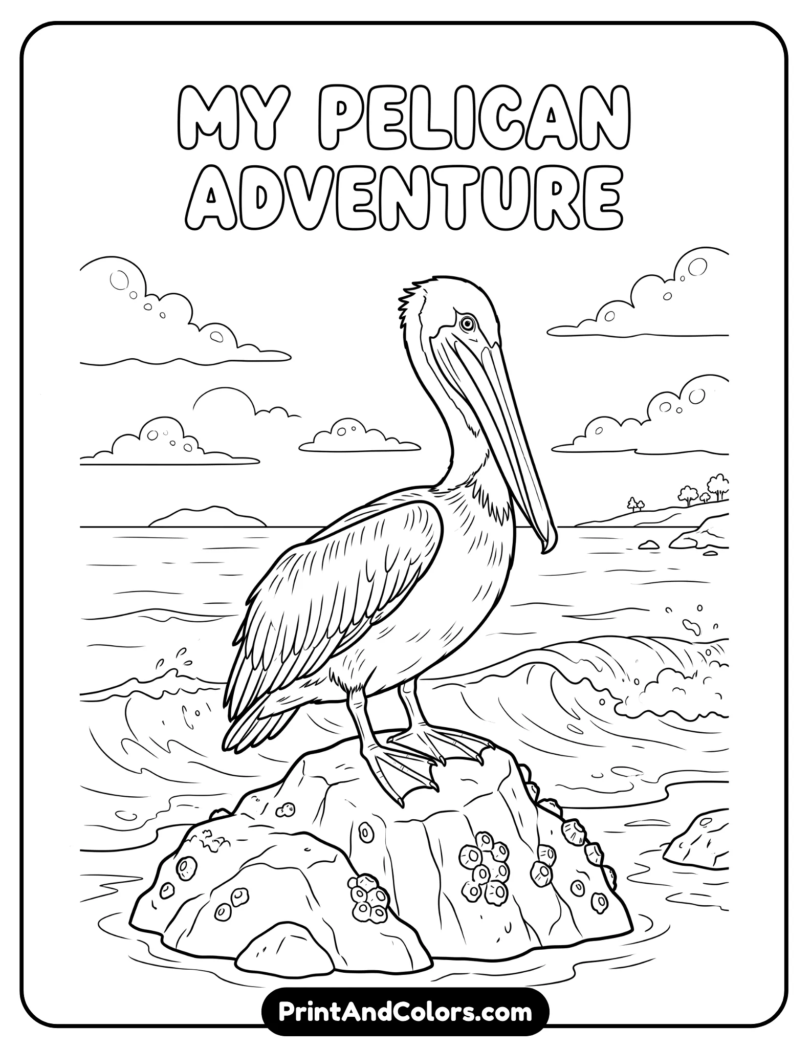 Black and white drawing of a pelican perched on a rock near the sea, wings folded, with simple ocean waves and sky outline in background. Clean lines, printable coloring style
