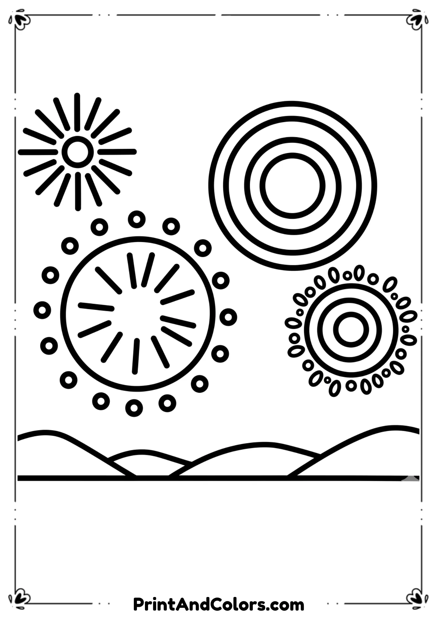  Simple black and white line art showing a night sky filled with big, round fireworks and minimal ground details. Extra bold outlines, very simple shapes, designed specifically for preschool kids.