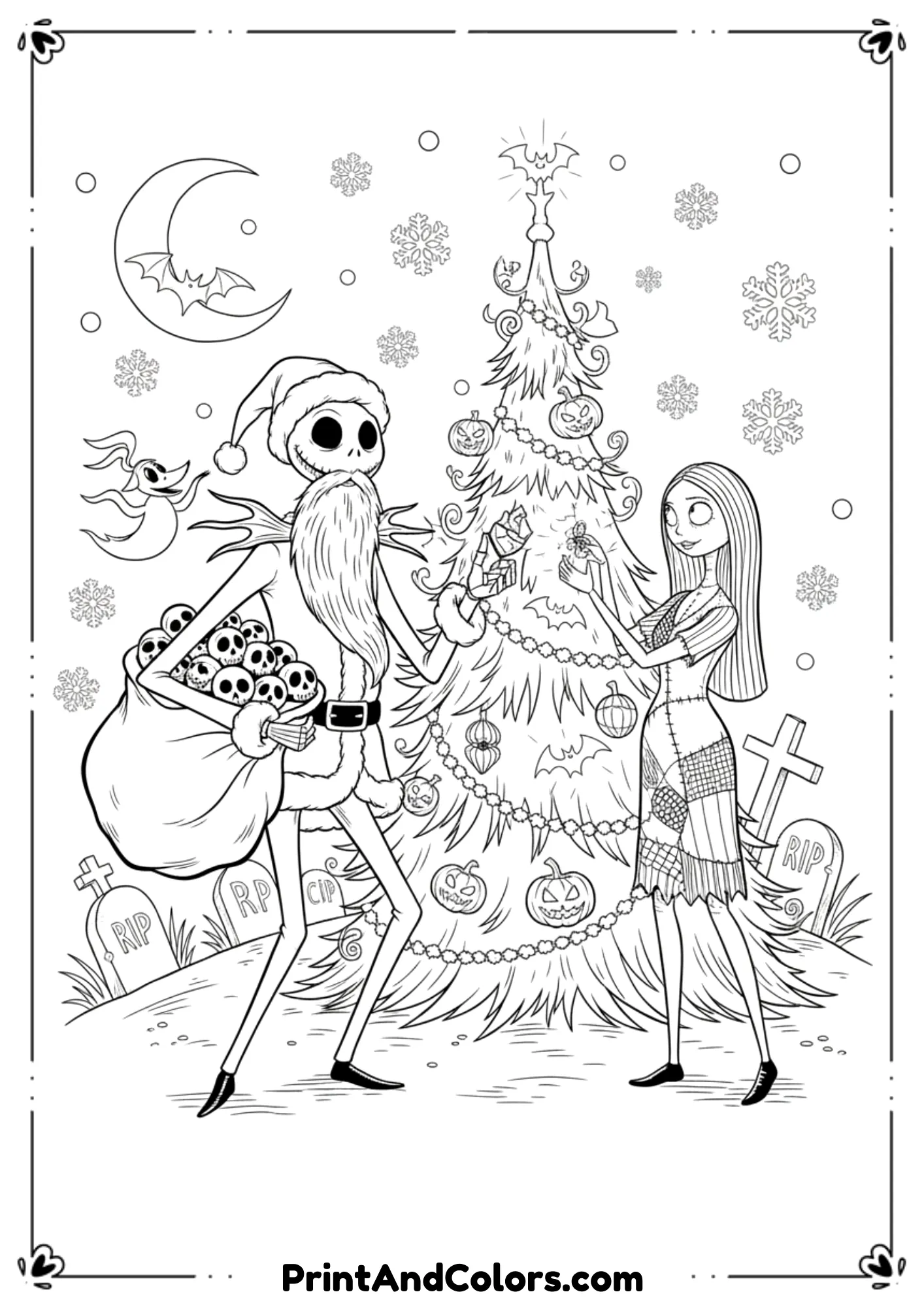 Outline of characters from “The Nightmare Before Christmas,” including Jack and Sally with holiday decorations.
