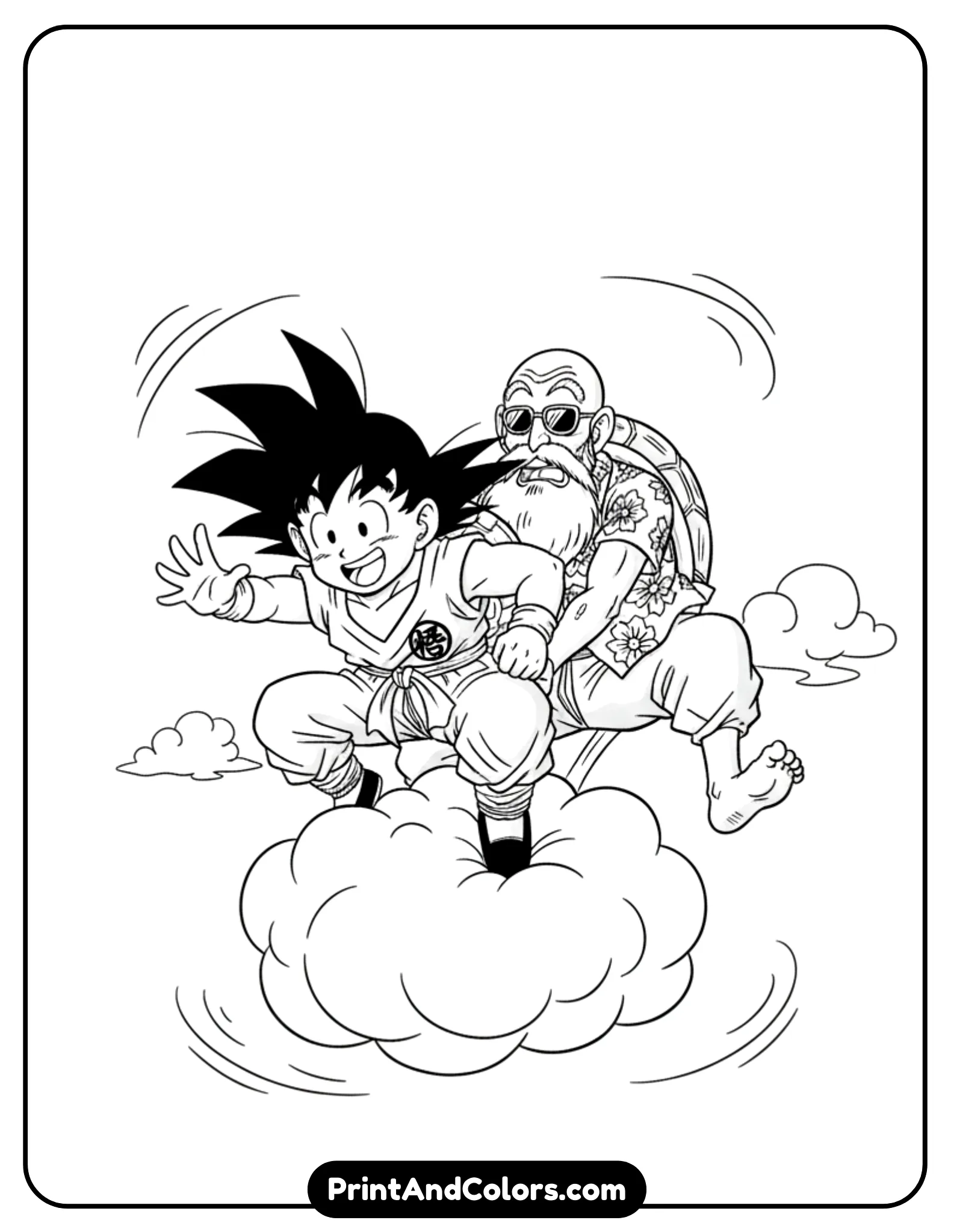 Illustrate classic-style Goku flying on Nimbus with Master Roshi holding on behind him. Vintage Dragon Ball proportions, playful expressions, simple sky background. Black and white line art only.
