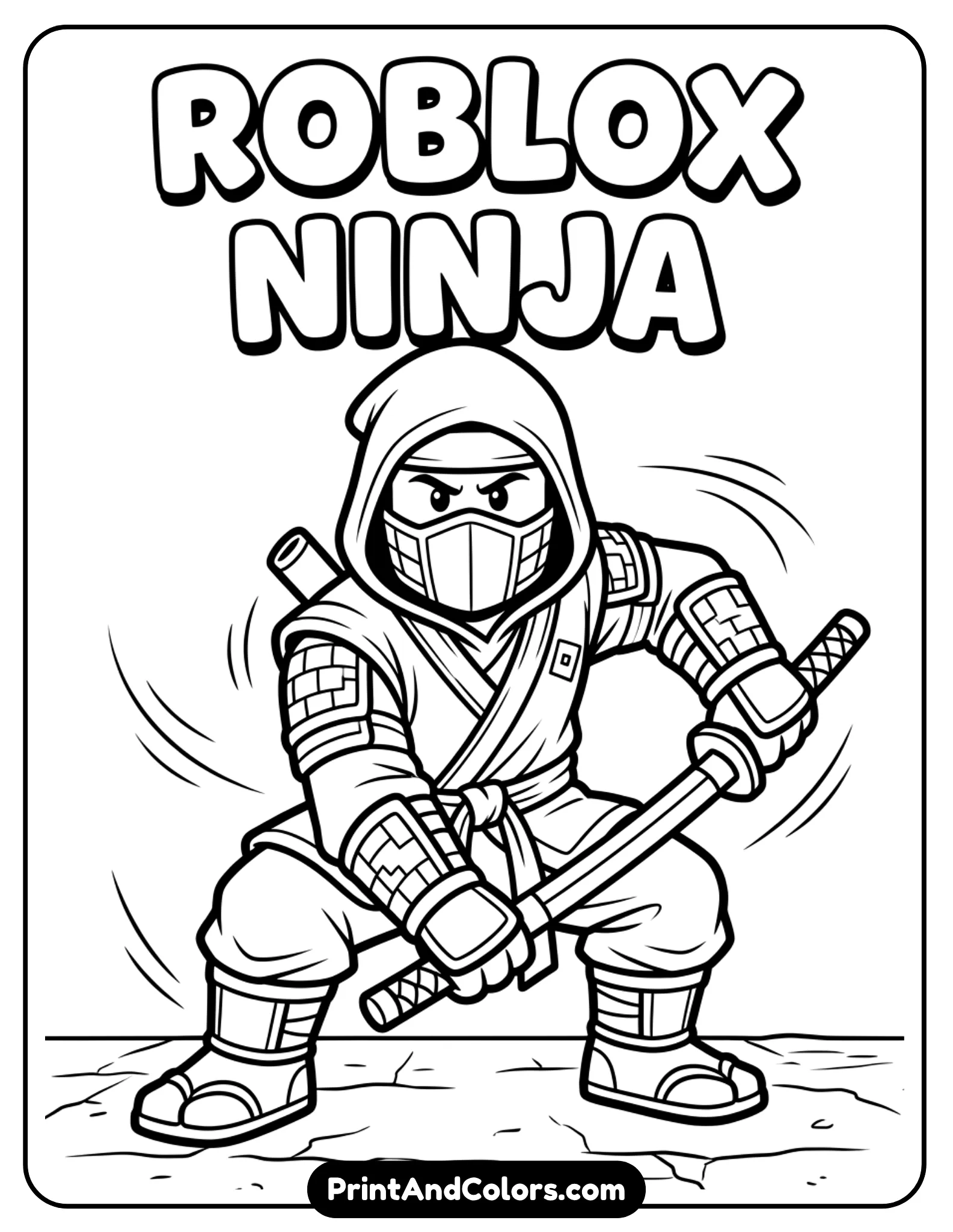 Roblox ninja character in crouching pose, wearing mask, holding sword, simple motion lines, minimal background, bold outlines
