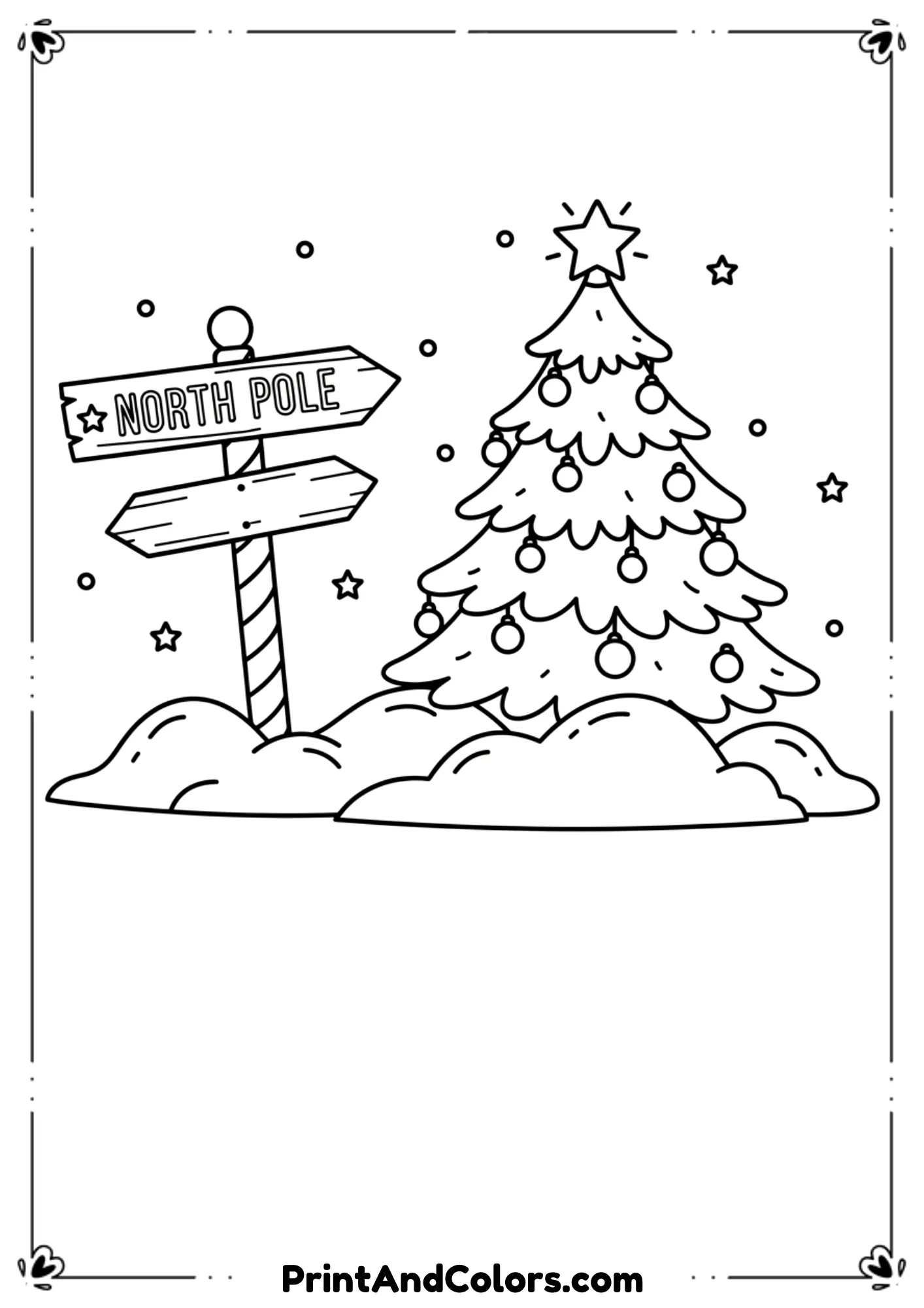  North Pole winter scene with a Christmas tree, snowdrifts, candy cane signpost reading “North Pole,” small stars in the sky. Simple clean line-art