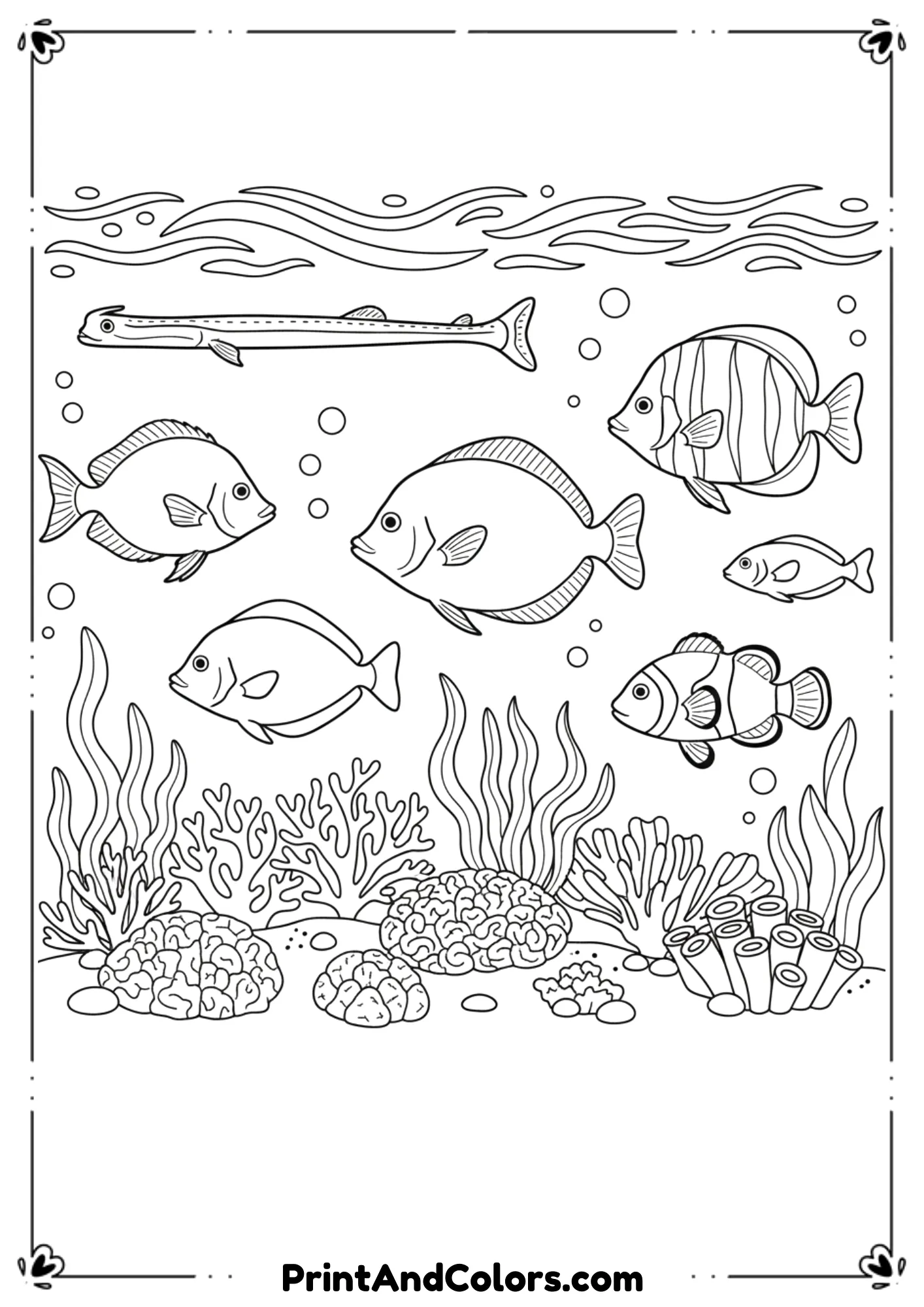 Group of different ocean fish silhouettes and outlines, seaweed, coral, and wave patterns. Clean outlines for diverse coloring options.