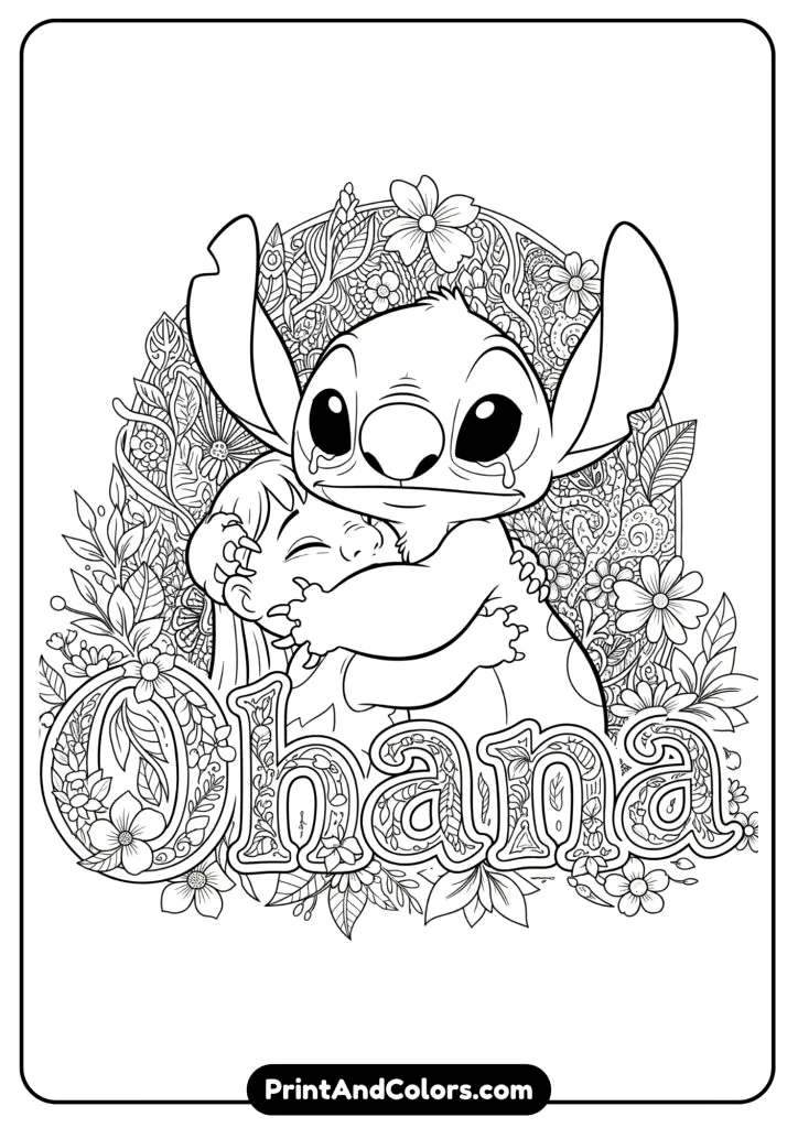 An emotional adult-themed illustration of Stitch hugging Lilo, surrounded by a decorative floral Ohana text with intricate line art background