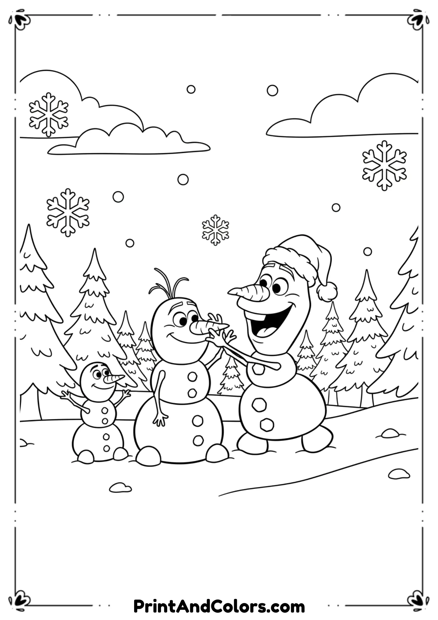 Line art of Olaf from Frozen building a snowman family with snowy trees behind.
