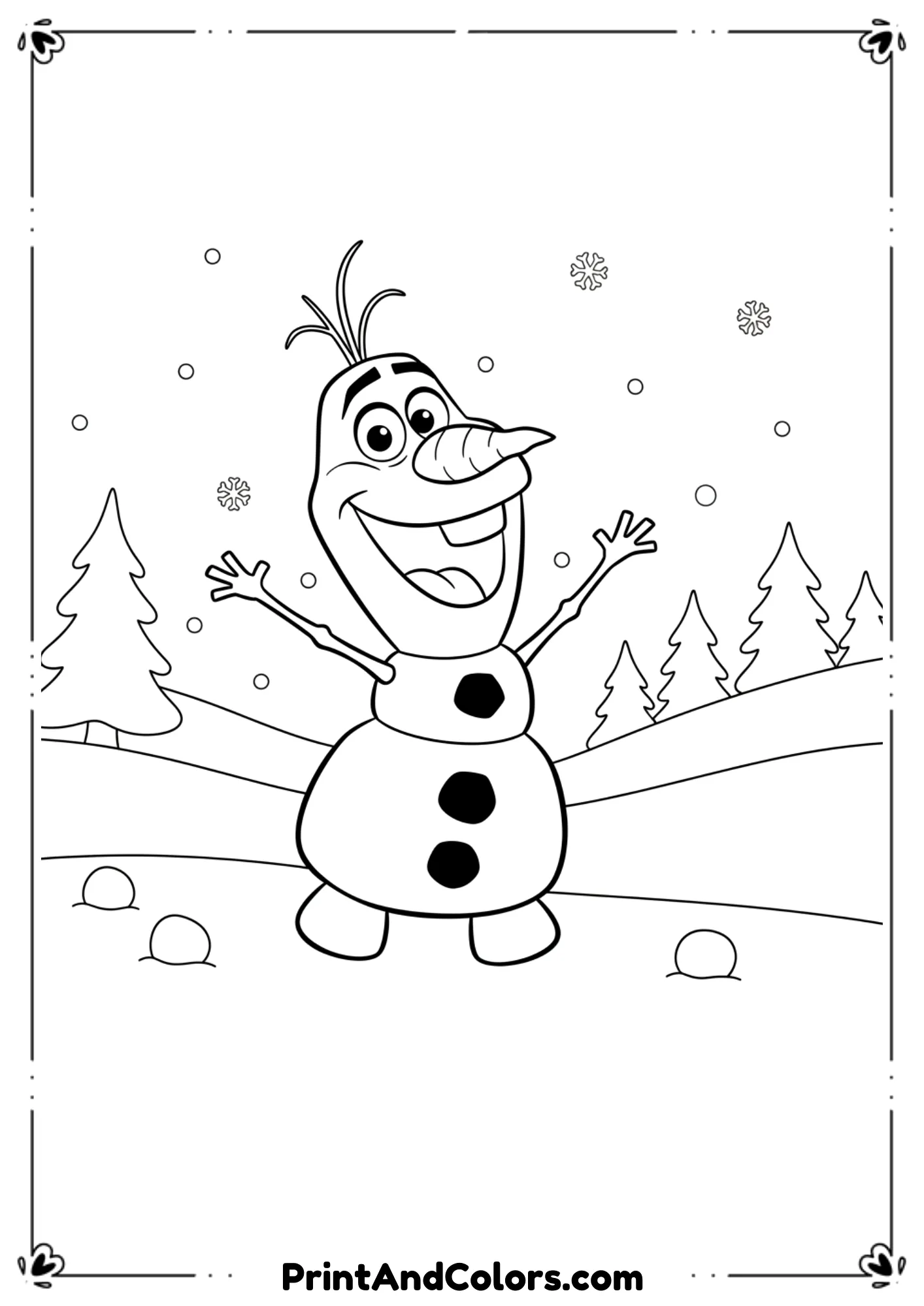 Black and white line art of Olaf, joyful pose, arms open, signature Disney-style face, simple snowy background.
