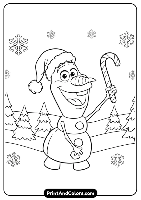Olaf from Frozen happily holding a candy cane while wearing a Santa hat. Add snowflakes and simple winter details.