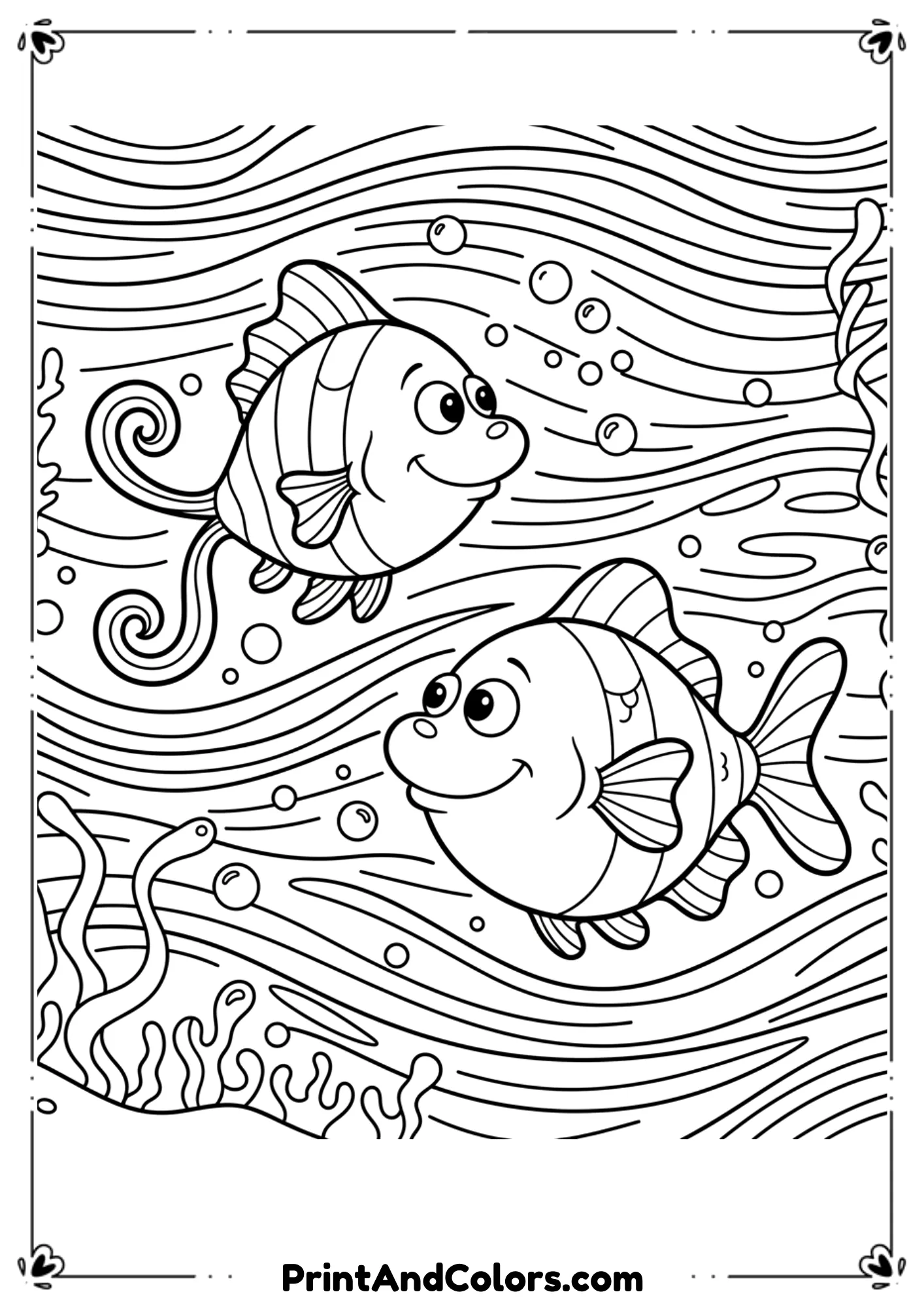 Create a playful Dr-Seuss-inspired black and white drawing showing two stylized fish with simple whimsical shapes and wavy water lines. No copyrighted exact characters—just similar playful style.