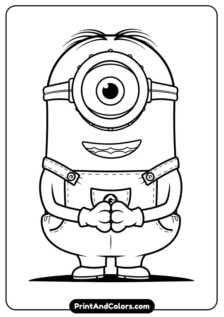 Minion Tim with one eye, cartoon-style black-and-white line art for coloring.