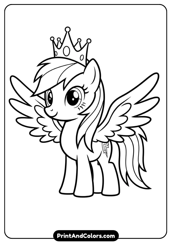 Create a very simple black and white outline coloring page of Princess Rainbow Dash with wings and crown. Minimal details, thick lines, perfect for preschool children.