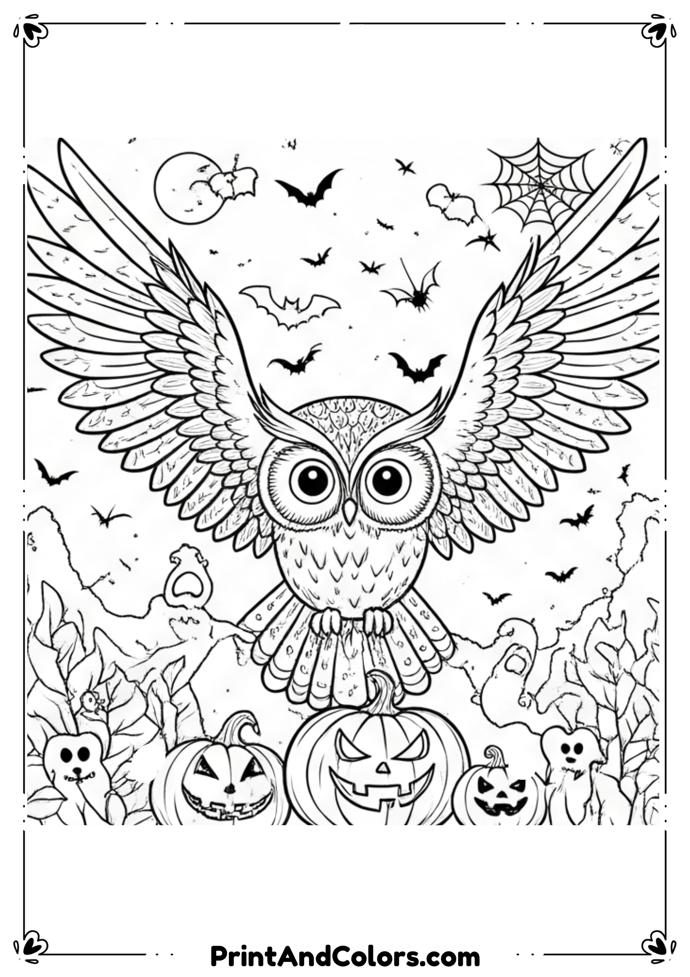 Owl sitting on tree branch with pumpkin and moon in spooky black-and-white style.