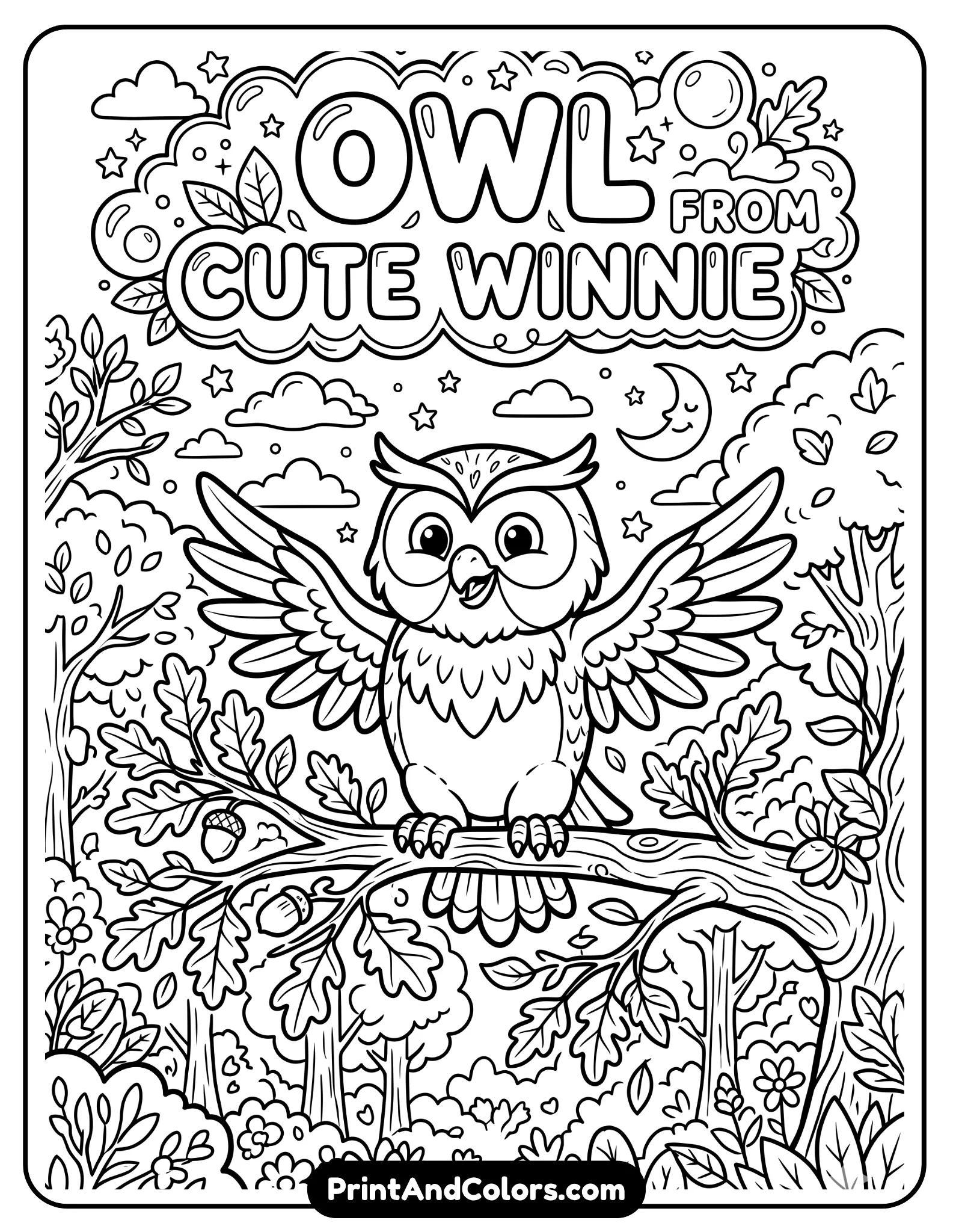Black and white coloring page of Owl from Winnie the Pooh sitting proudly on a tree branch, wings slightly open, forest leaves around, small stars and clouds in the sky, cartoon line art with clear outlines for coloring pages