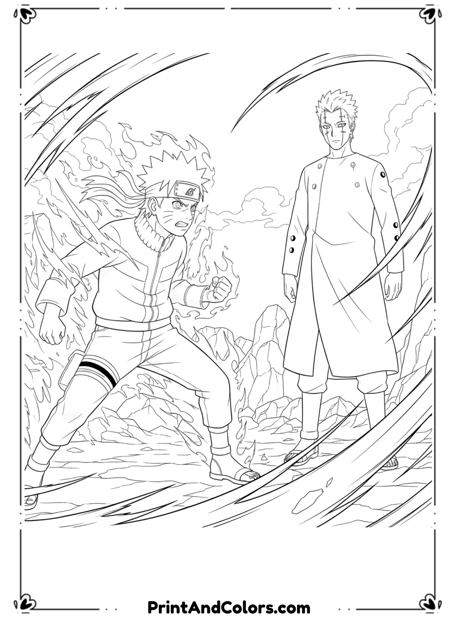  Illustrate Naruto facing Pain in a dramatic confrontation scene. Naruto stands ready in a battle stance while Pain appears calm and powerful. Use dynamic composition with chakra motion lines. Black and white line art only, strong outlines, no shading, clean printable coloring sheet.

