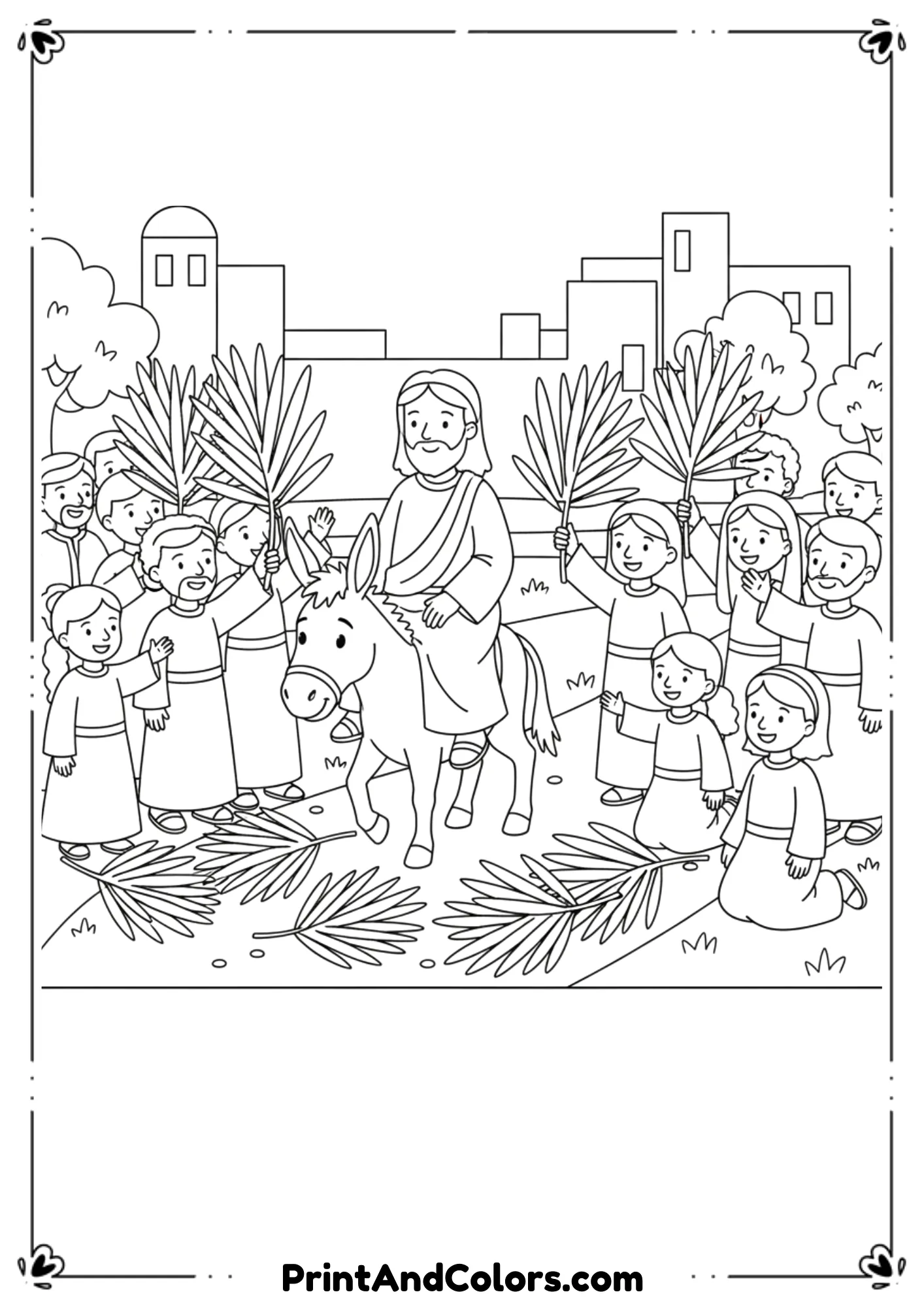 Black and white line art of Jesus riding a donkey with people waving palm branches, simple outlines for coloring.
