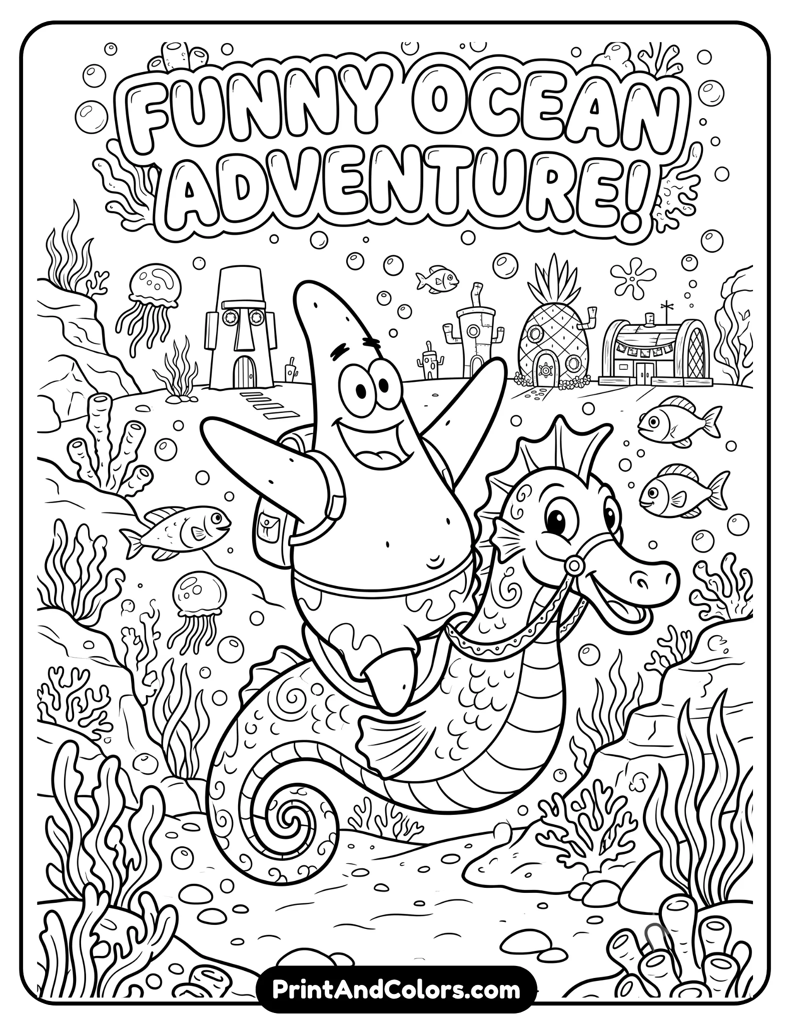 Detailed black and white coloring page of Patrick Star riding a smiling seahorse through Bikini Bottom, bubbles and ocean plants surrounding them, funny cartoon adventure scene, clean printable outlines, kid-friendly line art style