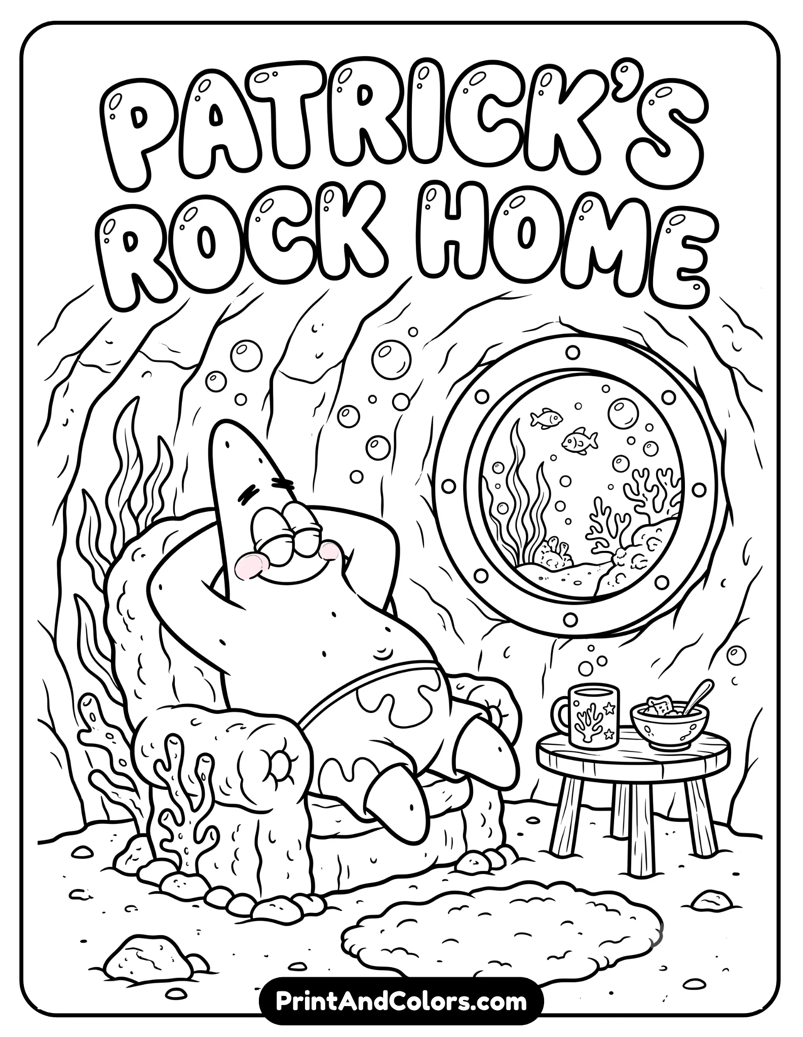 Printable black and white coloring page of Patrick Star sitting inside his rock house, simple furniture like chair and table, goofy relaxed expression, underwater home interior with bubbles through windows, clean cartoon line art with bold outlines