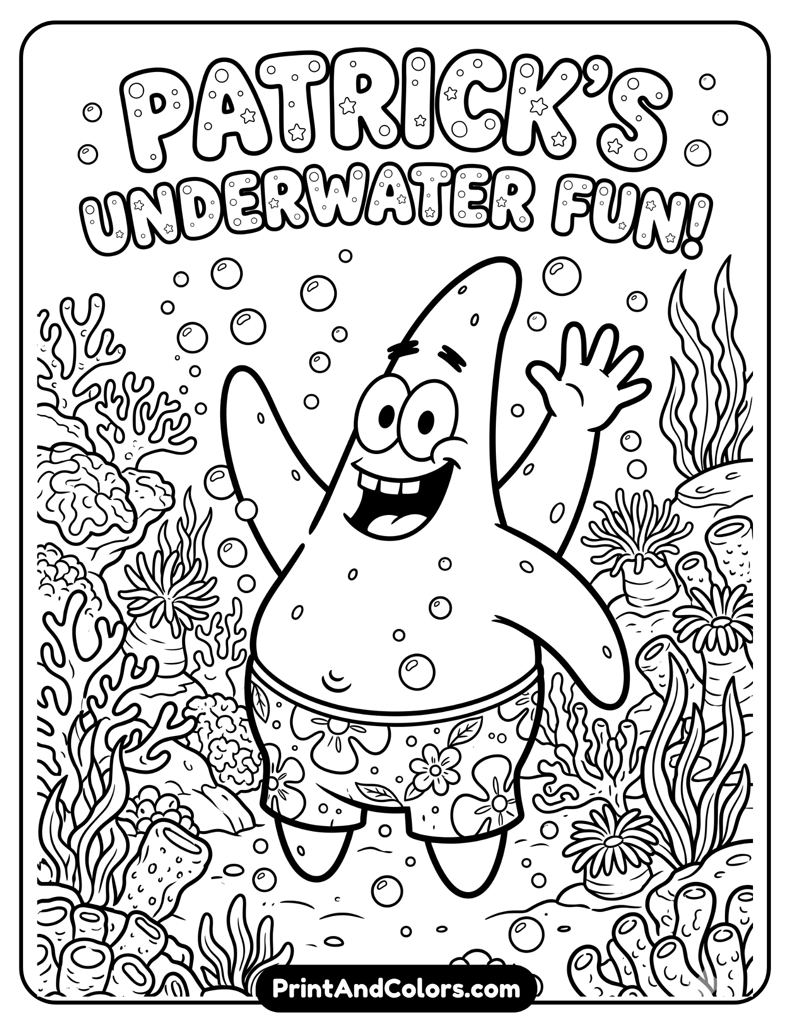 black and white coloring page of Patrick Star smiling and waving underwater, wearing floral shorts, goofy happy expression, coral rocks and bubbles surrounding him, cartoon sea background, thick clean outlines for kids coloring activity, printable line art, no gray shading
