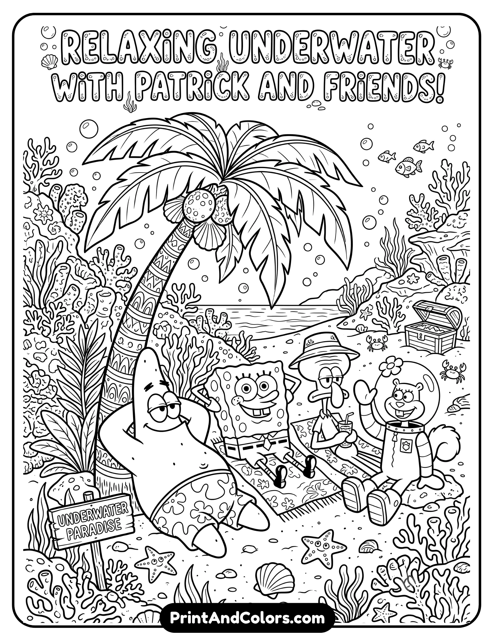 Detailed black and white coloring page of Patrick Star sitting under a palm tree with SpongeBob and friends, relaxed beach-style underwater setting, coral rocks, bubbles, and tropical decorations, printable cartoon line art with clean outlines