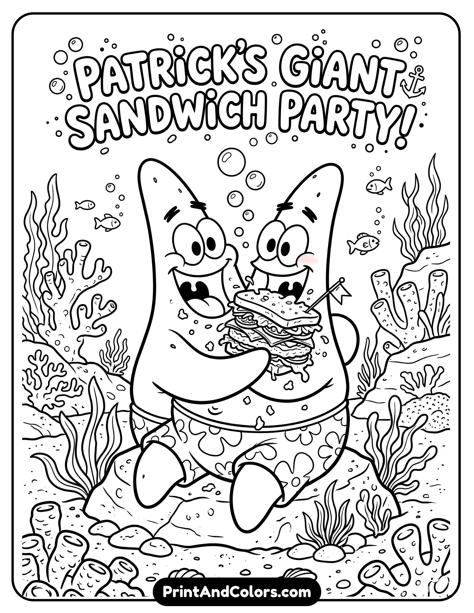 Black and white printable coloring page of Patrick Star sitting happily while eating a giant sandwich, crumbs and bubbles around him, goofy cartoon expression, underwater setting with rocks and coral, clean bold outlines, detailed line art for kids