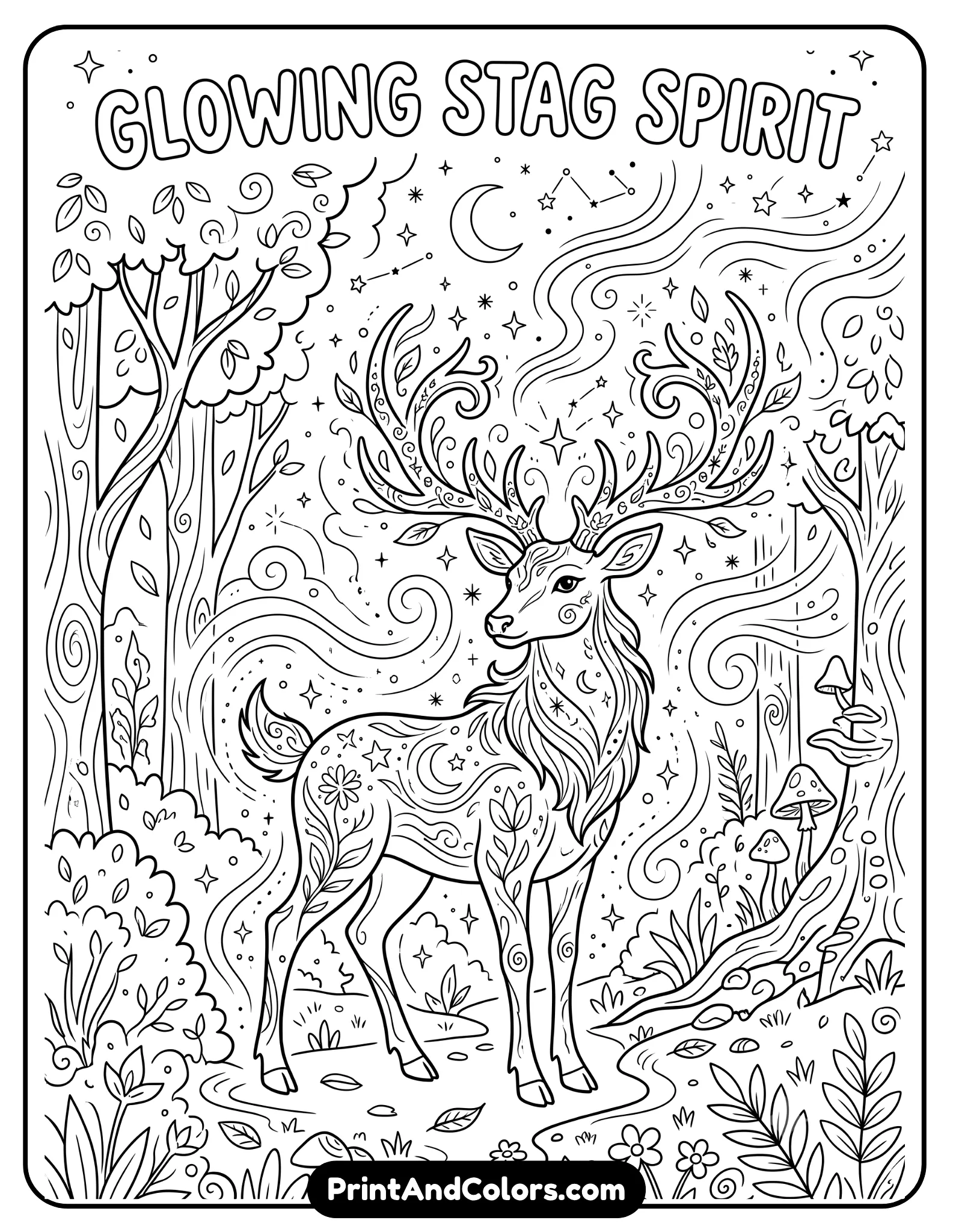 Elegant black and white fantasy coloring page of a glowing stag spirit standing proudly in an enchanted forest surrounded by magical energy waves, stars, mist, and moonlight. Include detailed antlers and flowing mystical patterns. Printable coloring book line art style