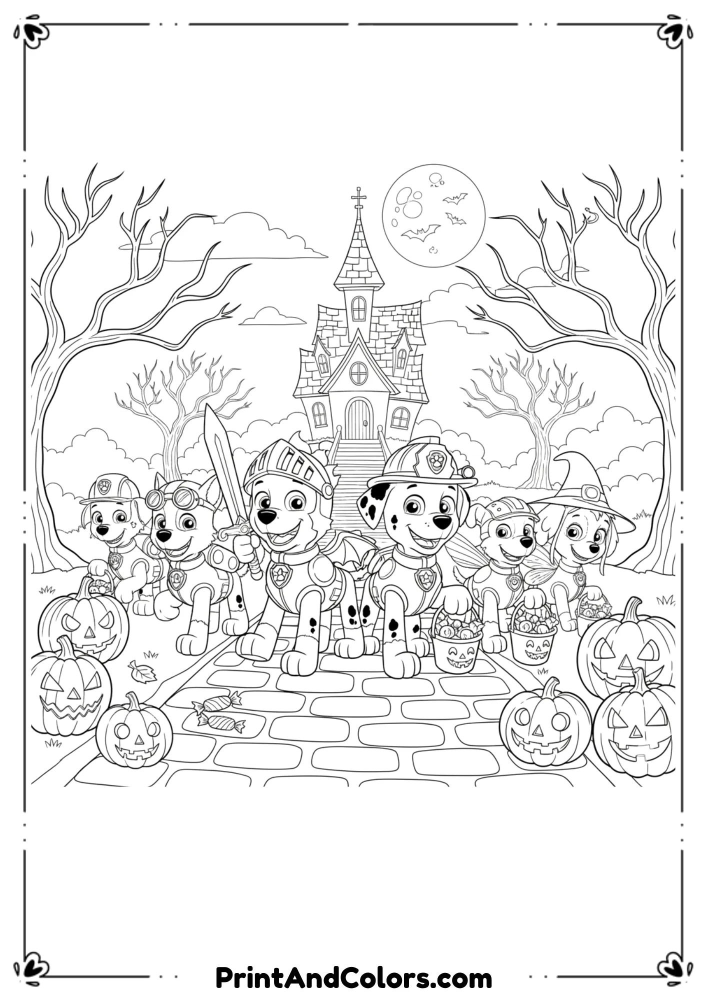 Paw Patrol puppies in Halloween costumes trick-or-treating, black-and-white cartoon line art.
