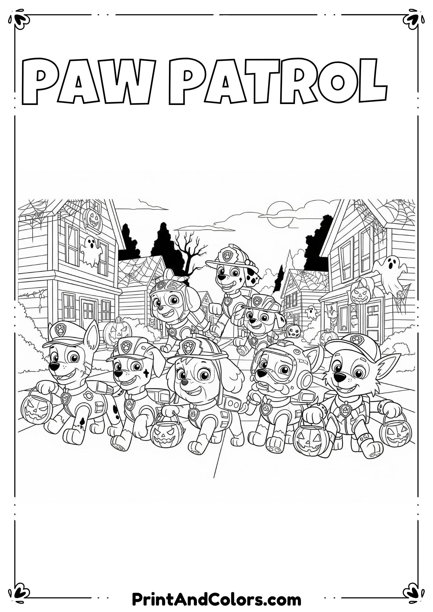 Paw Patrol puppies in Halloween costumes trick-or-treating, black-and-white cartoon line art.