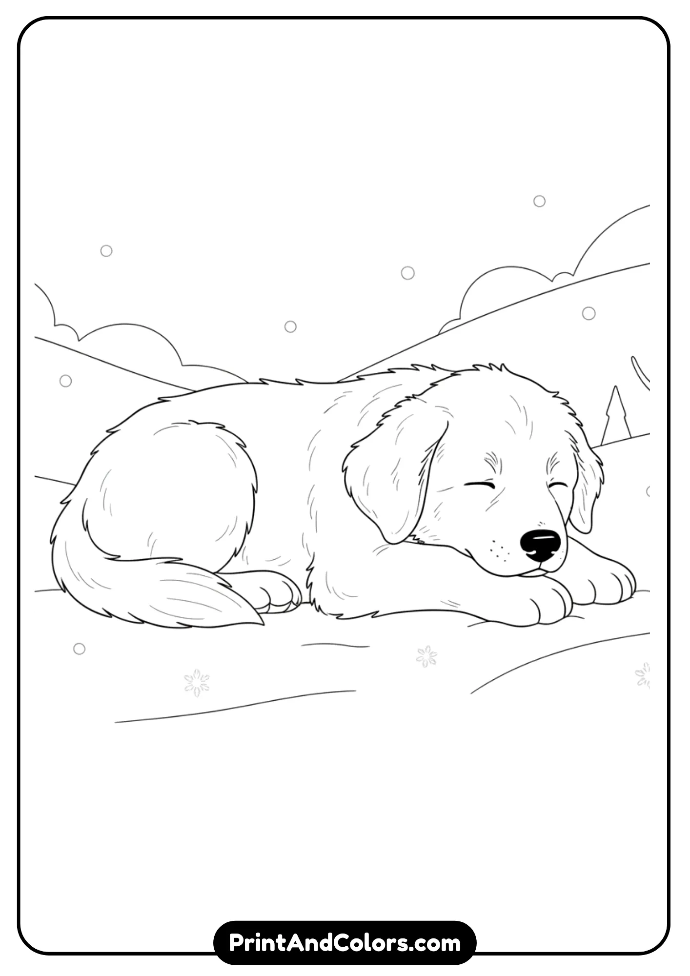 Line art of a Great Pyrenees puppy lying peacefully in the snow. Black and white simple outlines for coloring