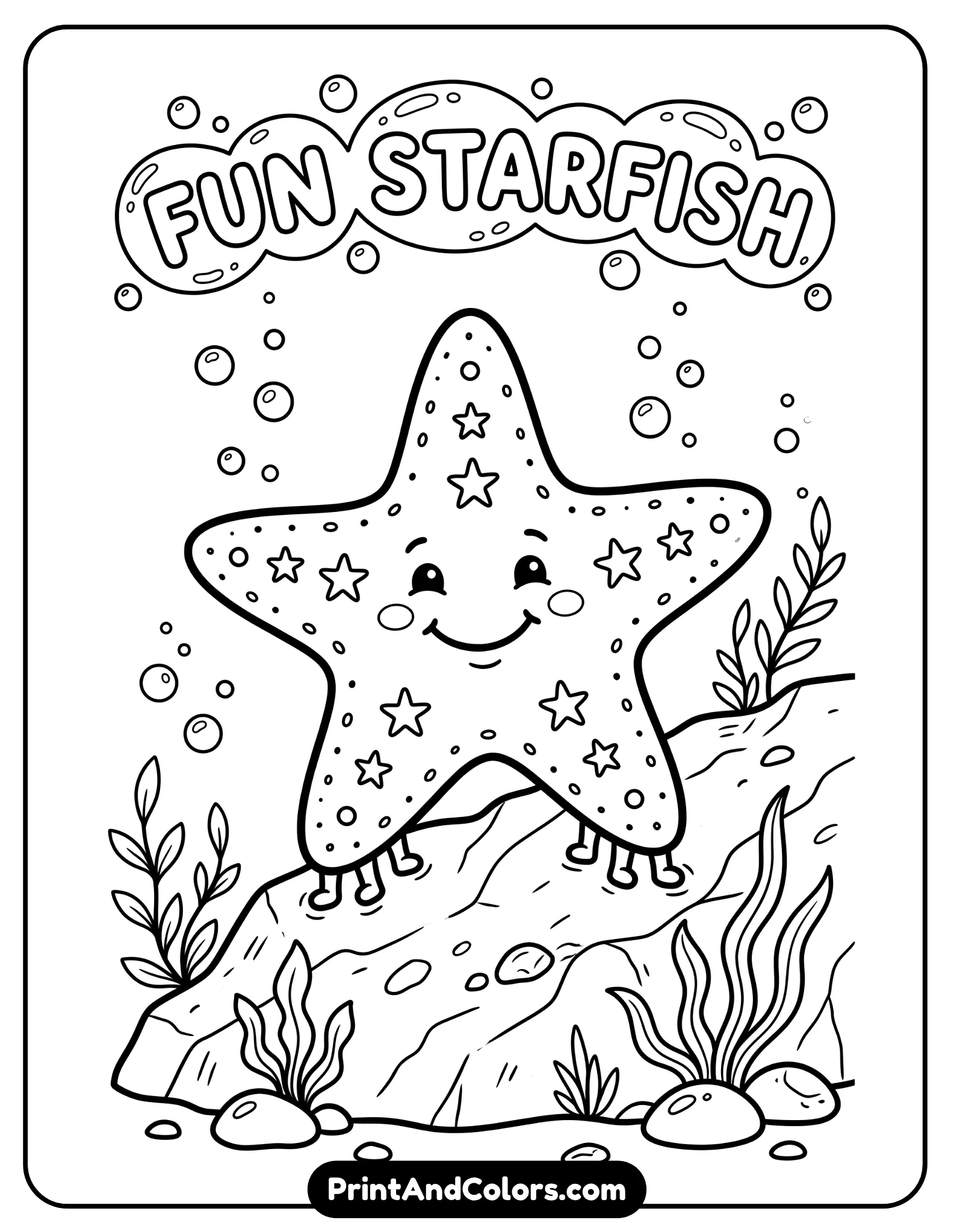 Black and white illustration of a starfish attached to a surface, with a smiling face and small bubbles around. Simple shapes, clean lines, minimal background.