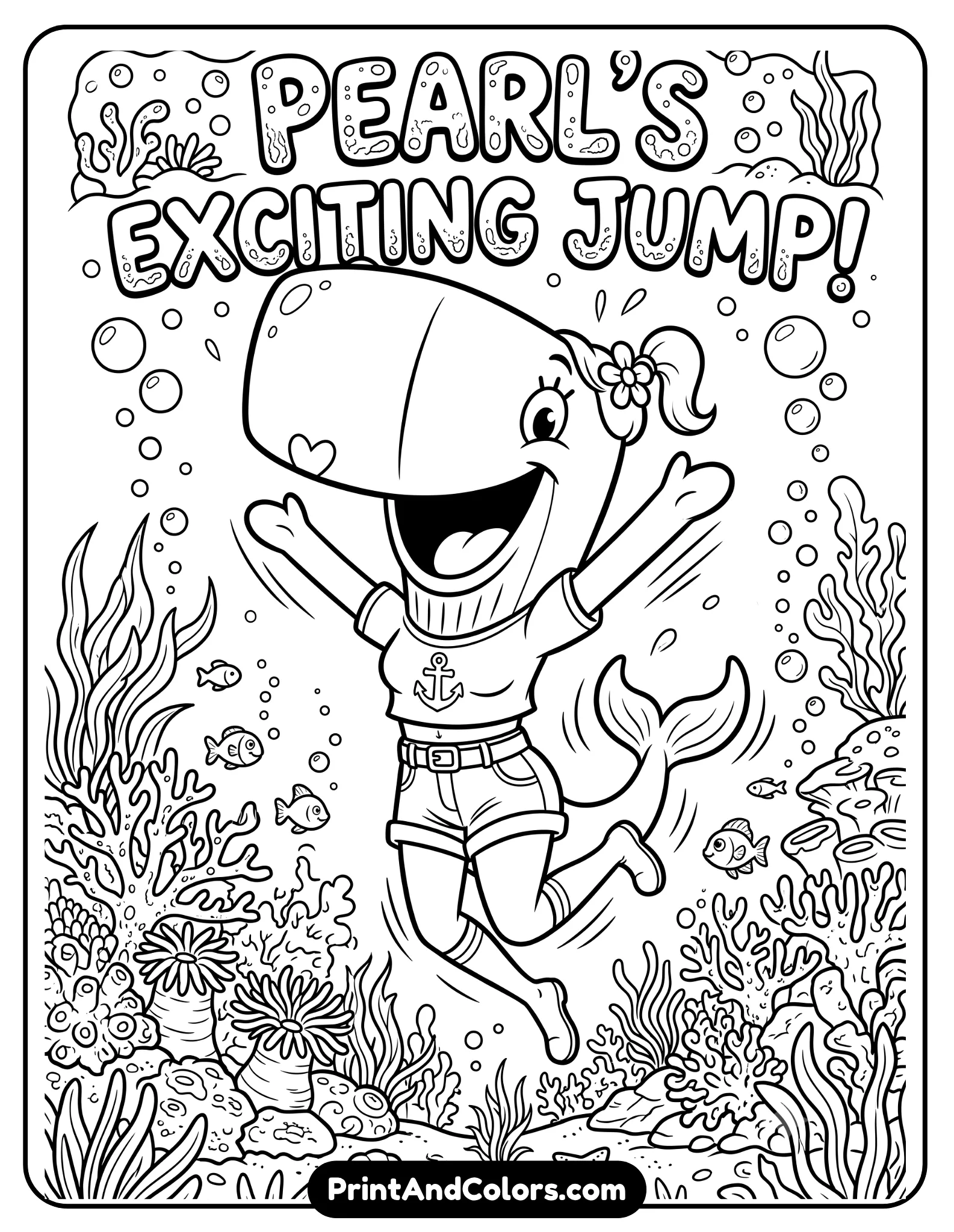 Detailed black and white coloring page of Pearl Krabs jumping excitedly with joyful expression, cartoon whale character wearing trendy clothes, underwater background with bubbles and coral, clean printable outlines and fun action pose