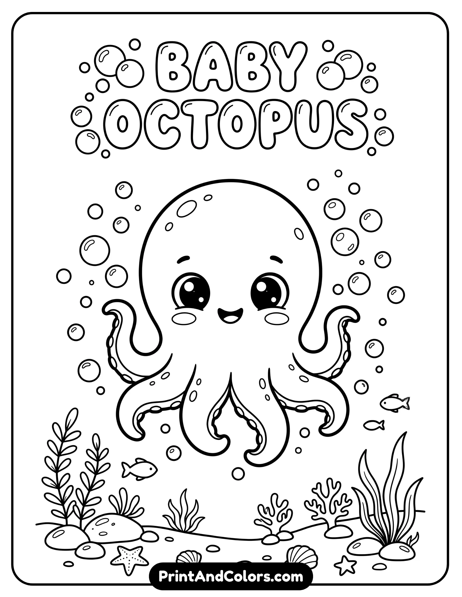 Cute line art of a baby octopus with rounded body, short tentacles, and big eyes, surrounded by small bubbles and simple sea floor elements. Soft, adorable style