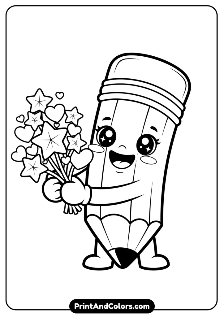 Black and white kawaii pencil with smiling face, holding stars and hearts, outlined simply for coloring
