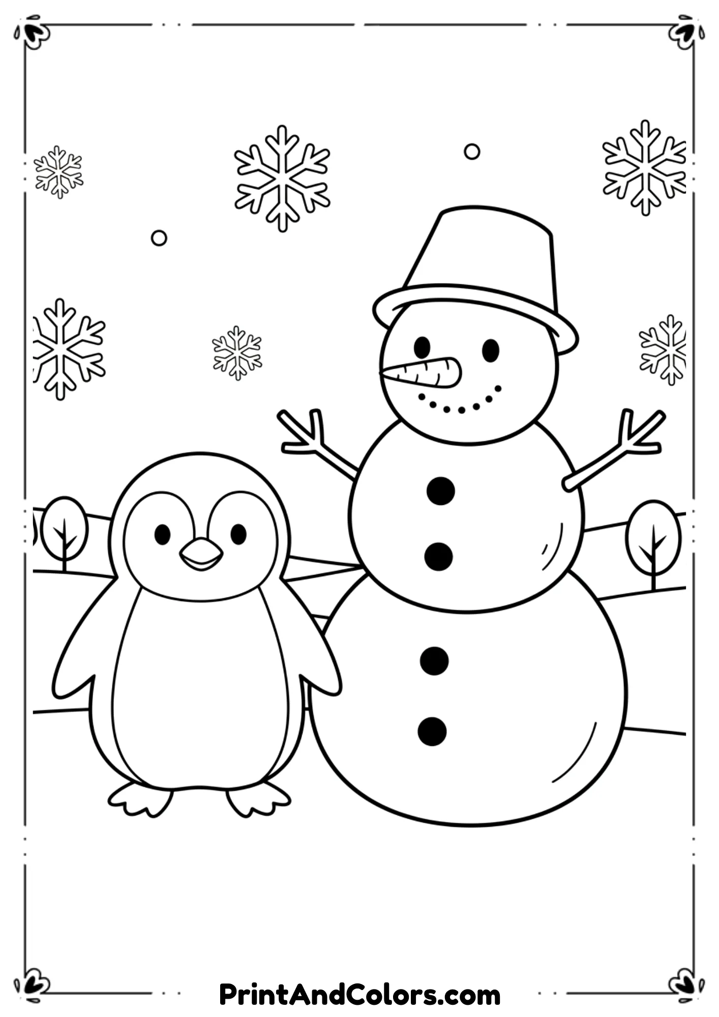 Black and white line art of a friendly penguin standing beside a happy snowman, both smiling. Snow on the ground, simple winter background.
