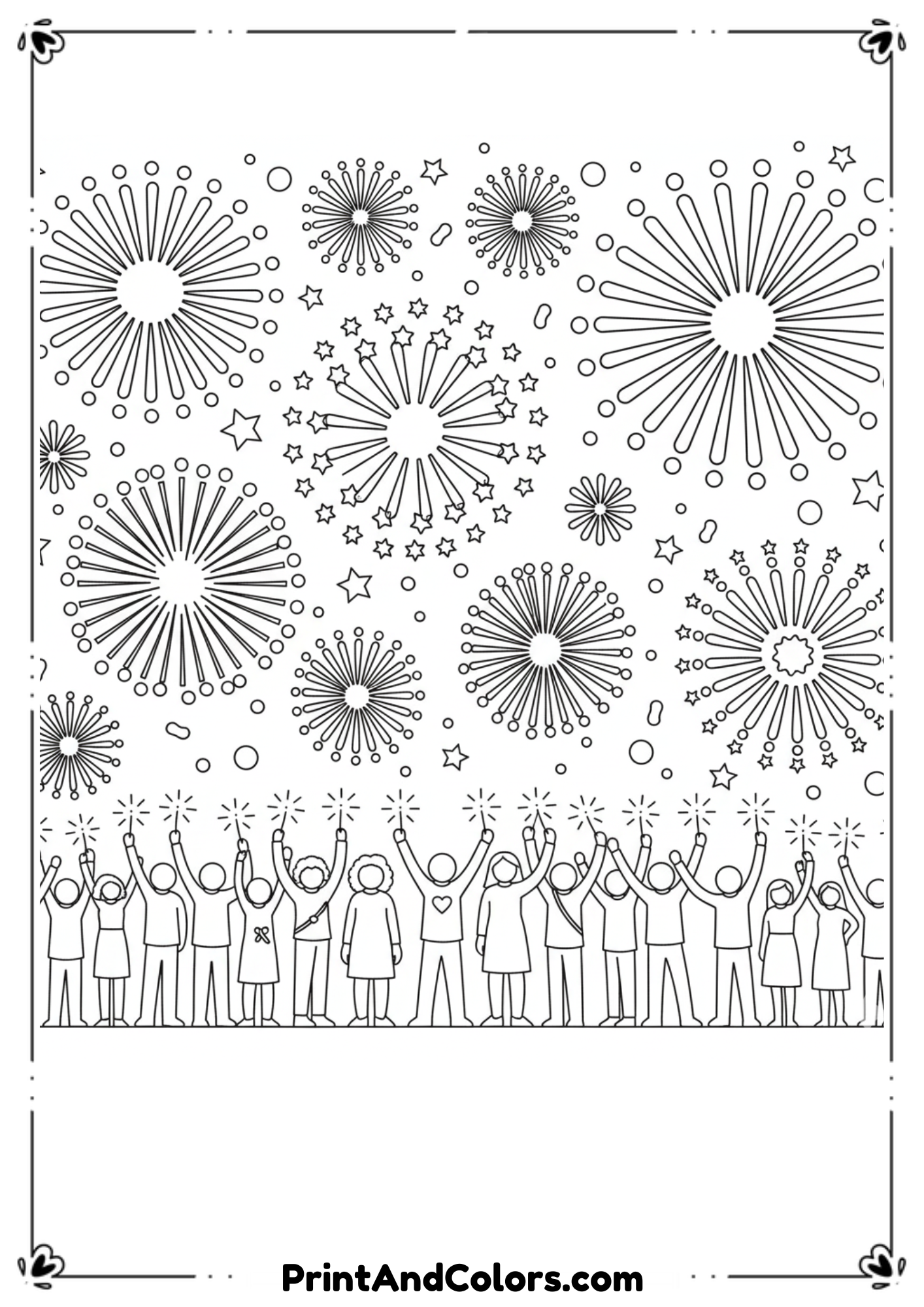  Black and white coloring page showing people raising sparklers while watching a sky full of fireworks. Simple crowd silhouettes, bold outlines, large open areas for easy coloring.
