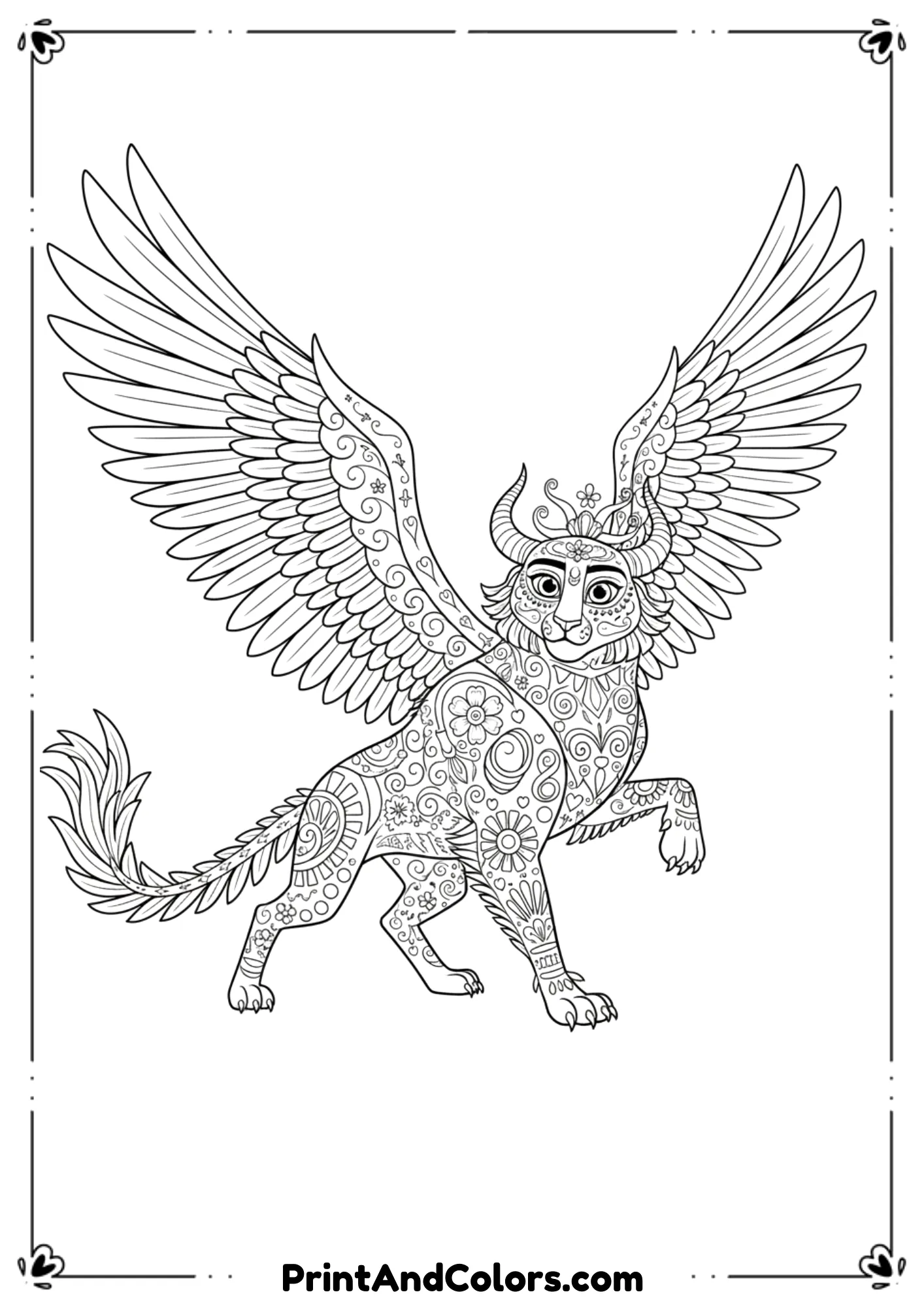 Detailed black and white line art of Pepita Alebrije, large wings and mystical design, simplified for coloring page.