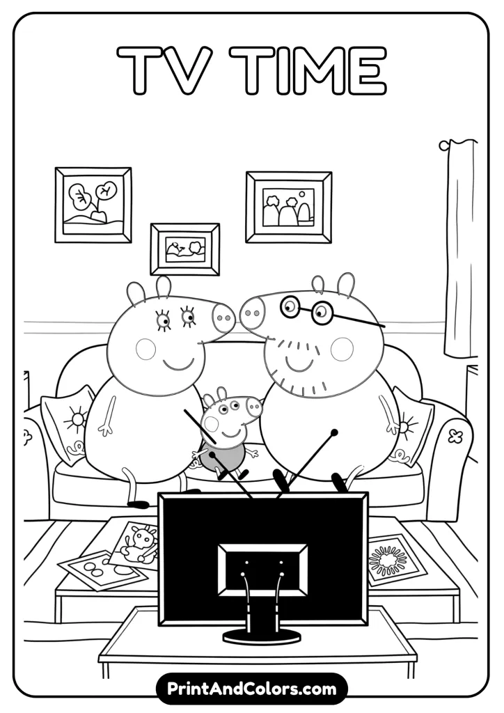 Peppa Pig, George, Mummy Pig, and Daddy Pig sitting on the couch watching television, with the TV screen in front. Cozy family scene in line art.