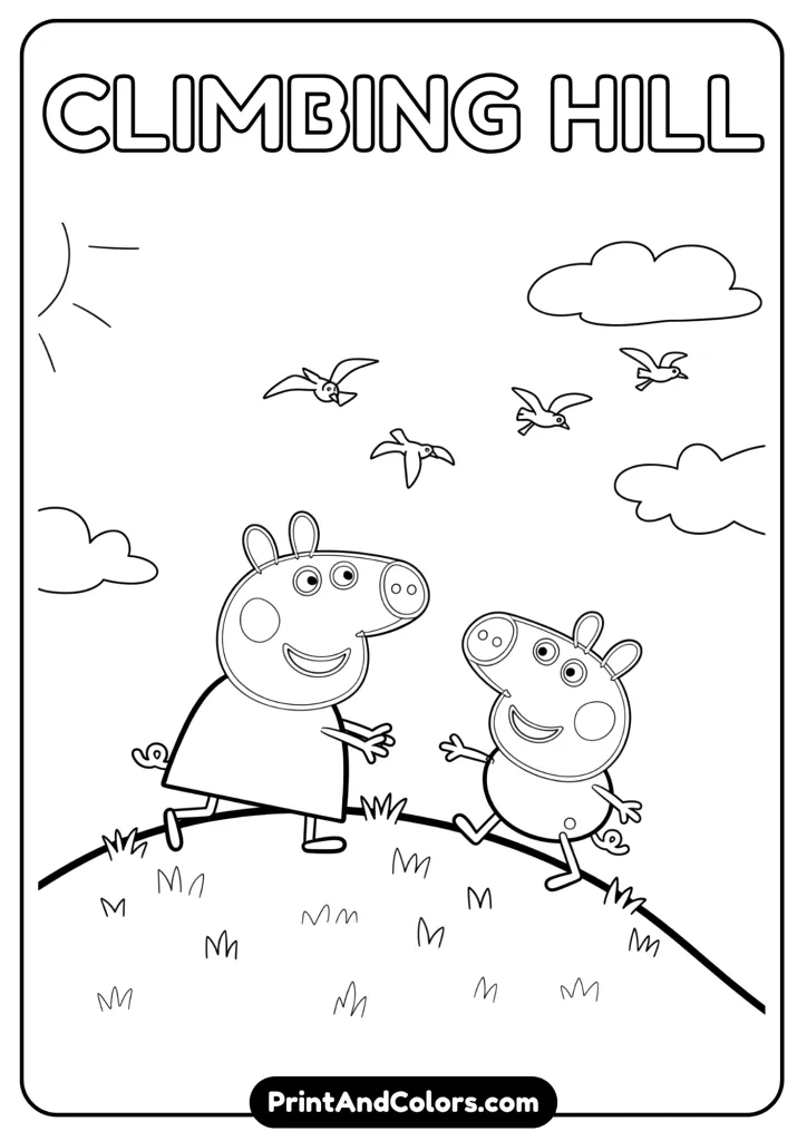Peppa and George climbing a small hill together with happy faces, birds flying above. Outlined drawing for coloring.