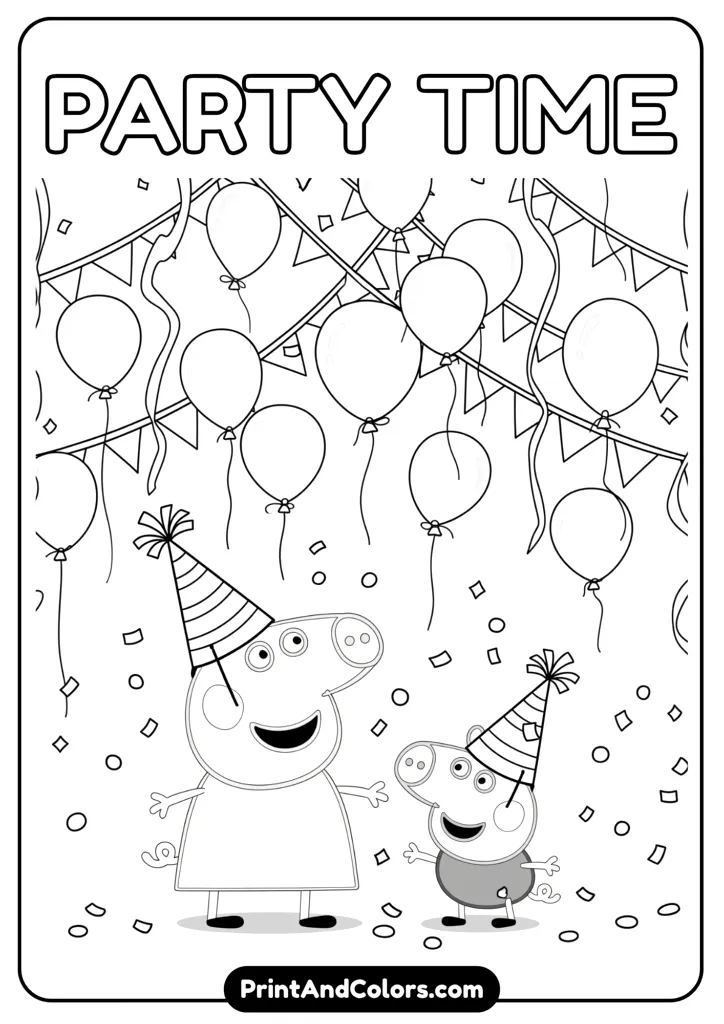 Peppa and George at a party with streamers, balloons, and confetti, wearing hats and smiling. All in black and white line art.