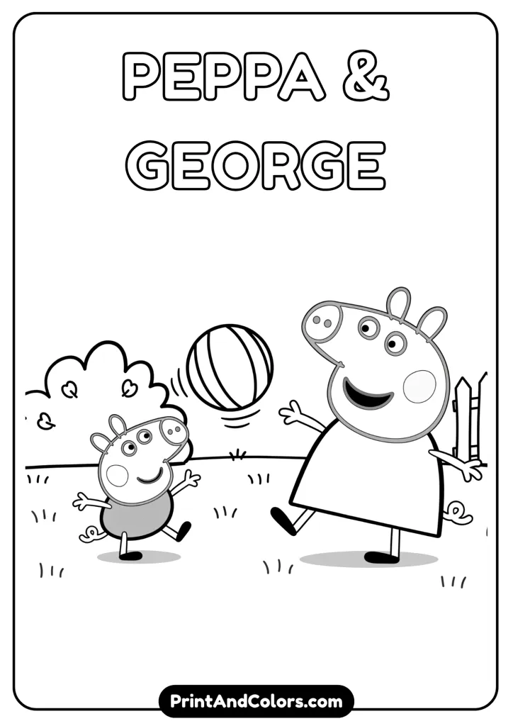 Peppa Pig and George playing with a ball in a yard, illustrated in black and white with clear bold outlines.