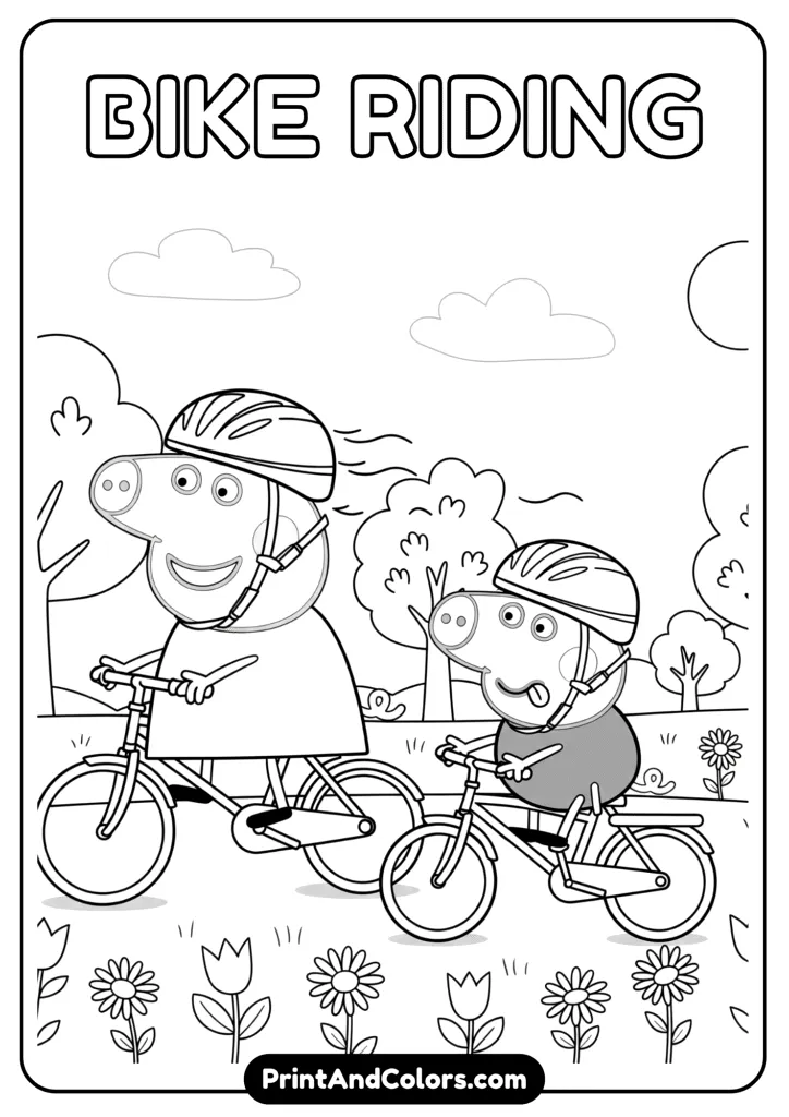 Peppa and George riding bicycles side by side with helmets on. Flowers and trees in the background. Line art style.