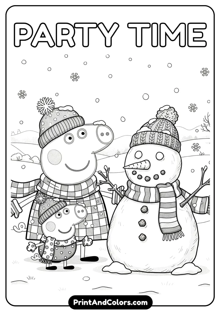 Peppa and George standing next to a snowman they built, with scarves and mittens, snowflakes falling around. Detailed black and white art.