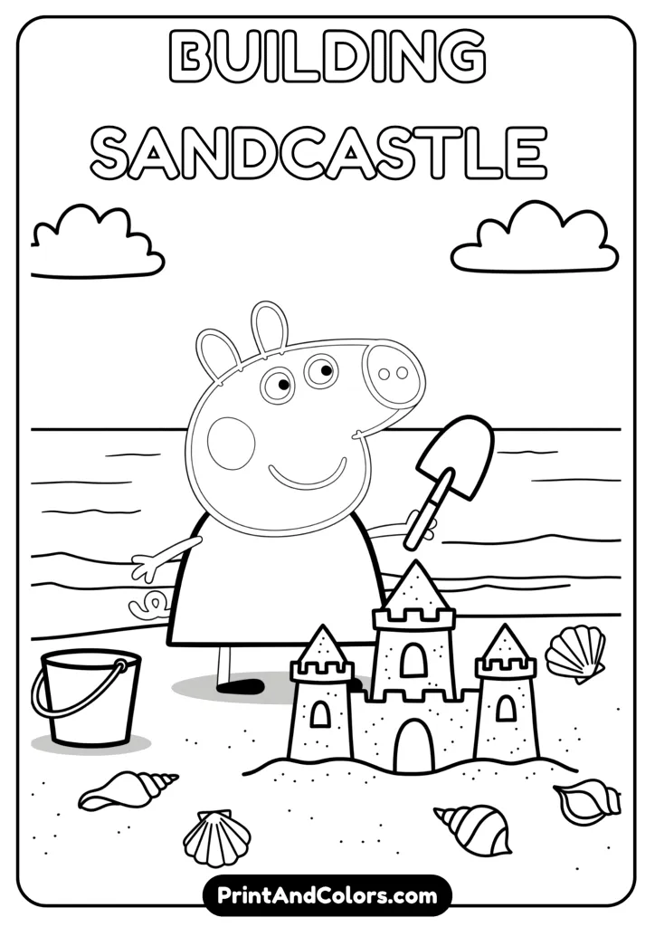 Peppa at the beach building a sandcastle with a spade in her hand, a bucket nearby, and seashells around. Clear outlines for kids to color.