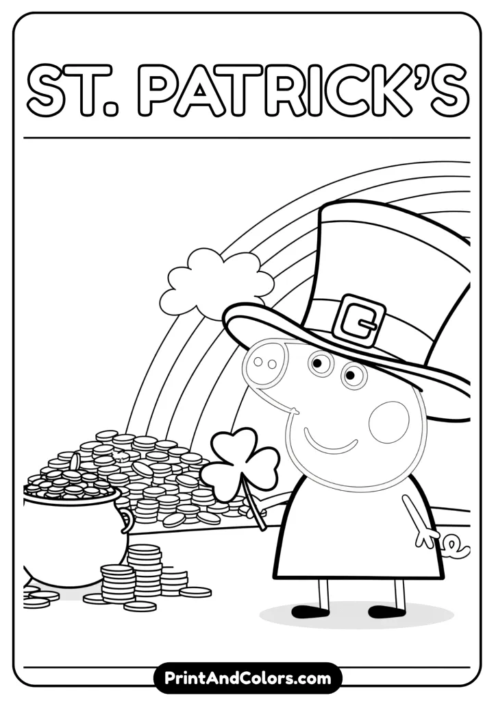 Peppa wearing a leprechaun hat with a shamrock in her hand, gold coins and rainbow in the background. Designed for St. Patrick’s Day theme.