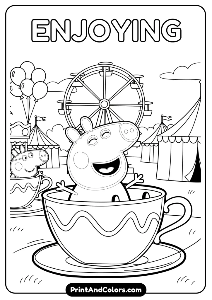 Peppa sitting on a carnival ride, like a spinning teacup or Ferris wheel seat, laughing with joy. Balloons and fair elements in the background.