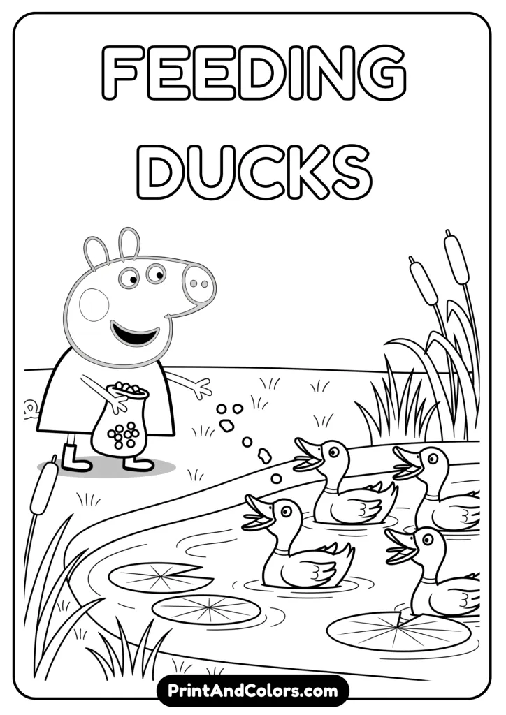 Peppa standing by a pond tossing food to ducks, smiling as the ducks quack. Nature scene in line drawing.